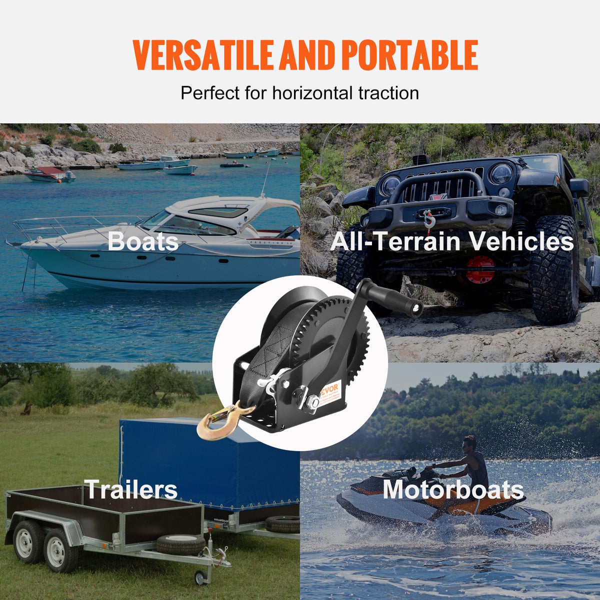 VEVOR Hand Winch, 725.7 kg Pulling Capacity, Boat Trailer Winch Heavy Duty Rope Crank with 10 m Polyester Strap and Two-Way Ratchet, Manual Operated Hand Crank Winch for Trailer, Boat or ATV Towing