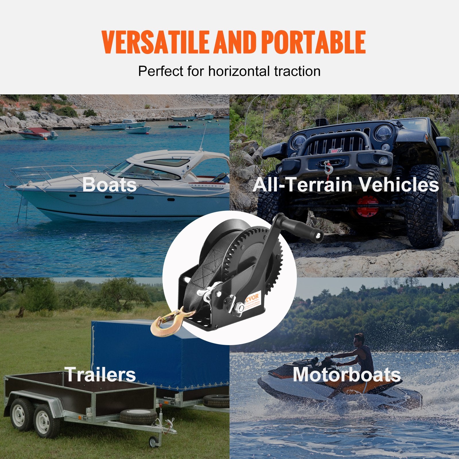 VEVOR Hand Winch, 725.7 kg Pulling Capacity, Boat Trailer Winch Heavy Duty Rope Crank with 10 m Polyester Strap and Two-Way Ratchet, Manual Operated Hand Crank Winch for Trailer, Boat or ATV Towing