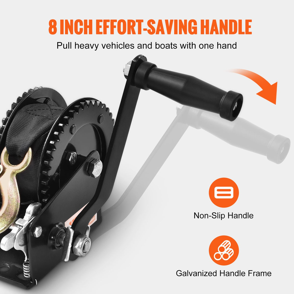 VEVOR Hand Winch, 907.1 kg Pulling Capacity, Boat Trailer Winch Heavy Duty Rope Crank with 7 m Polyester Strap and Two-Way Ratchet, Manual Operated Hand Crank Winch for Trailer, Boat or ATV Towing