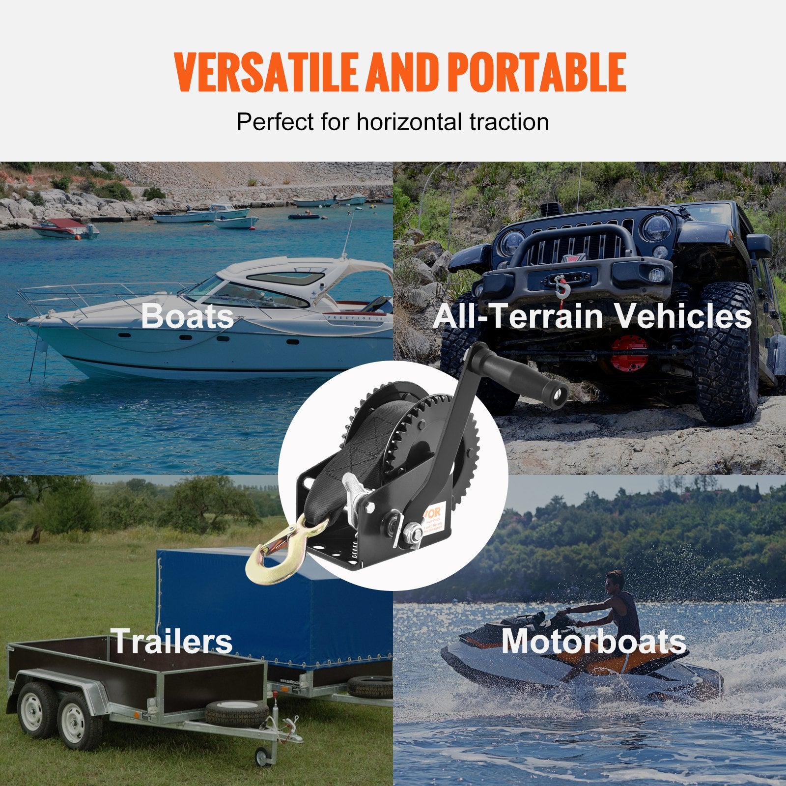 VEVOR Hand Winch, 907.1 kg Pulling Capacity, Boat Trailer Winch Heavy Duty Rope Crank with 7 m Polyester Strap and Two-Way Ratchet, Manual Operated Hand Crank Winch for Trailer, Boat or ATV Towing
