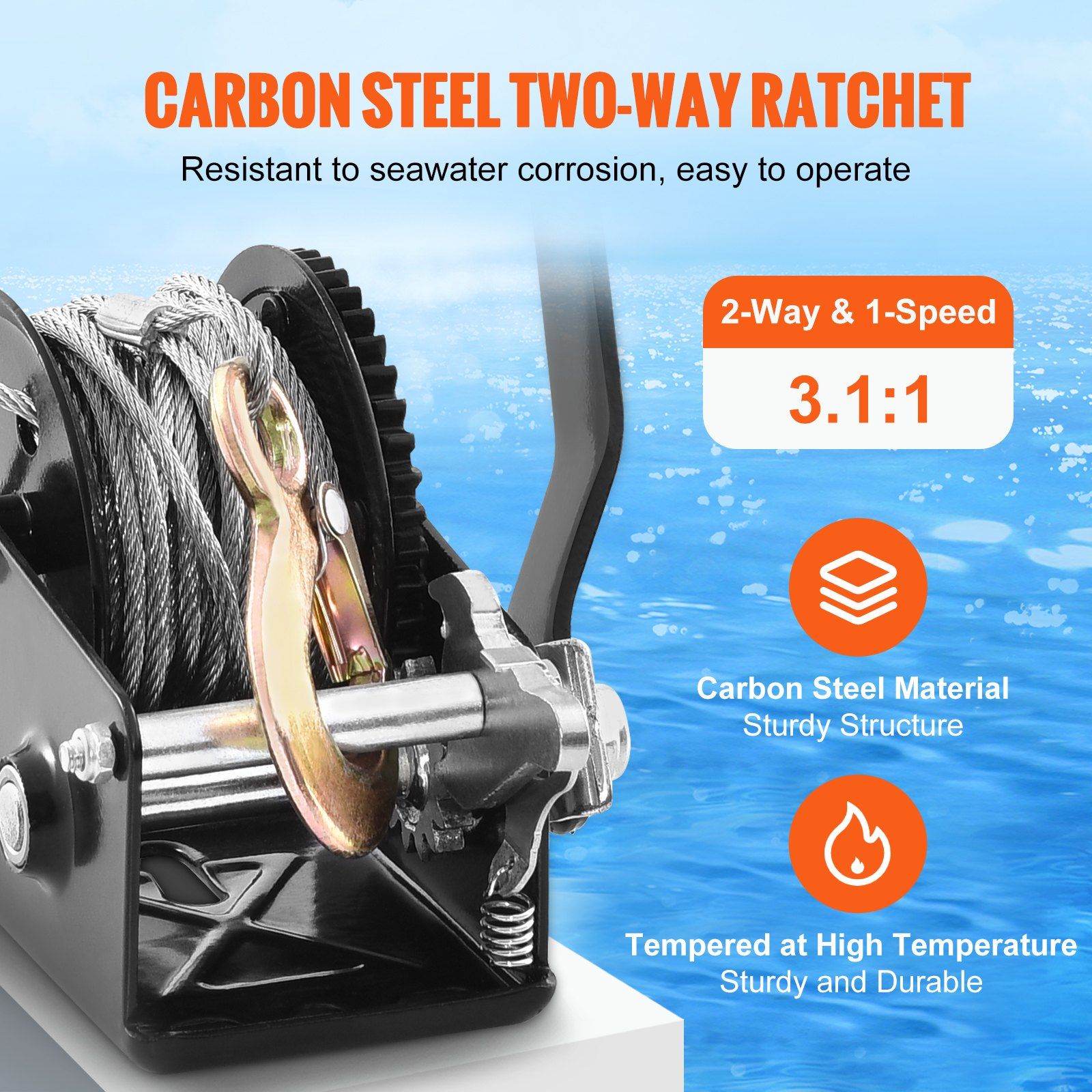 Hand Winch, 362.8 kg Pulling Capacity, Boat Trailer Winch Heavy Duty Rope Crank with 10 m Steel Wire Cable and Two-Way Ratchet, Manual Operated Hand Crank Winch for Trailer, Boat or ATV Towing