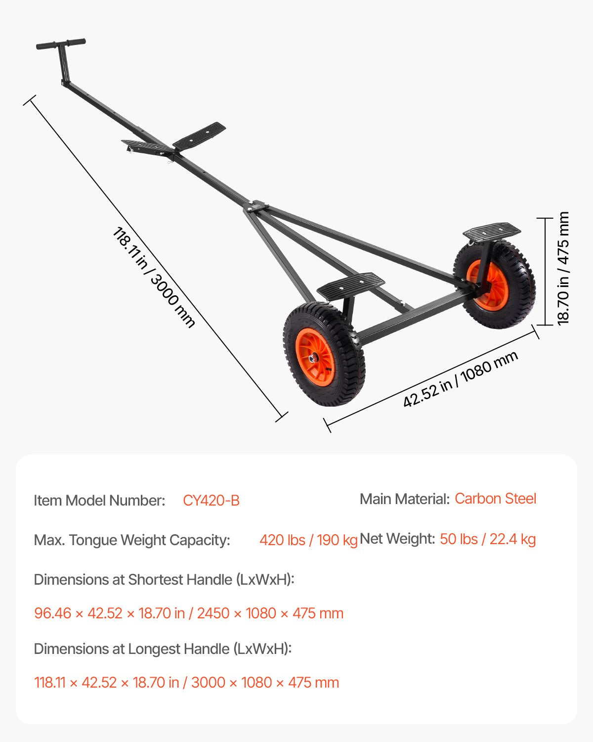 420lbs Boat Trailer Dolly Mover Adjustable Length with 15.7 in Pneumatic Tires