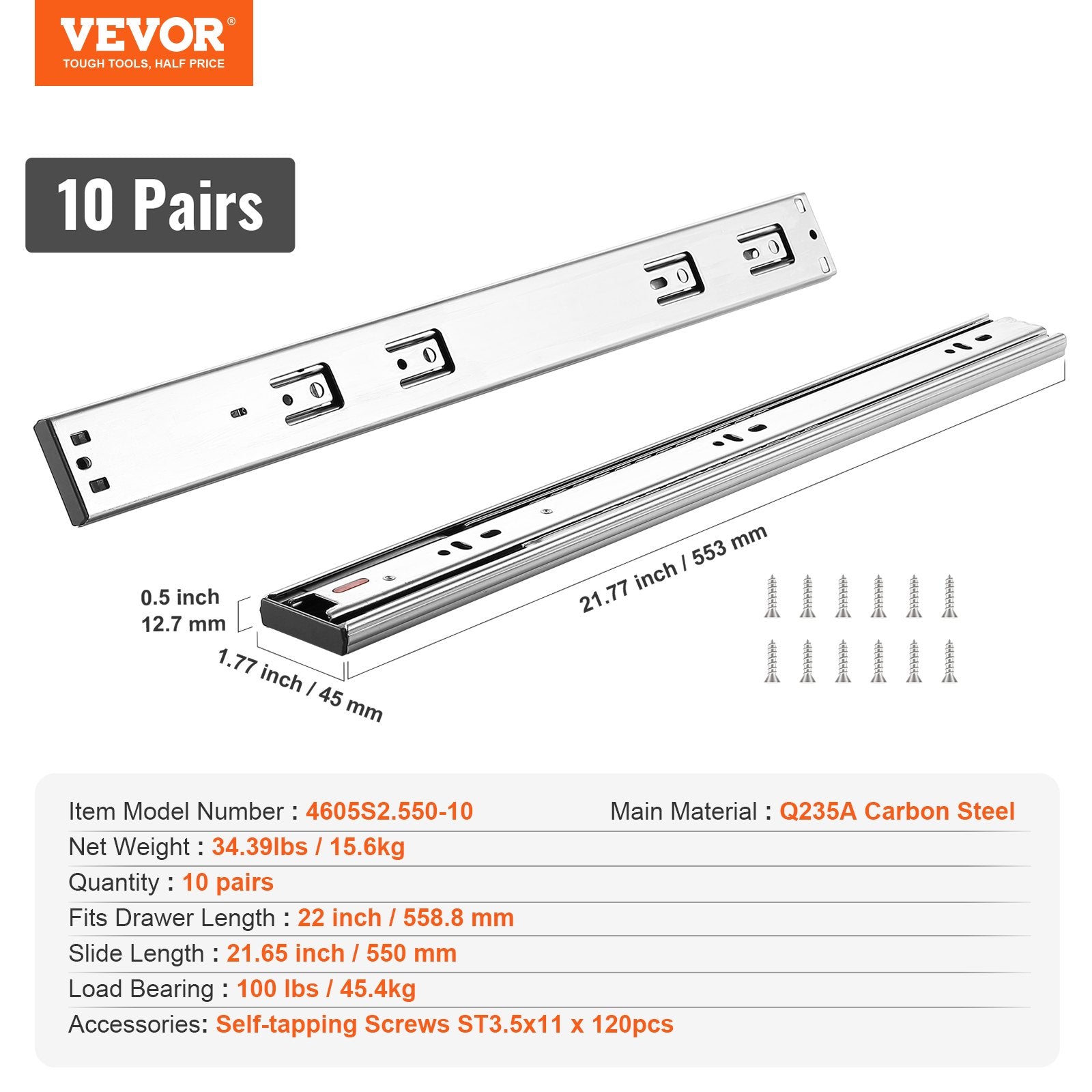 VEVOR 10 Pairs of 558.8mm Drawer Slides Side Mount Rails, Heavy Duty Full Extension Steel Track, Soft-Close Noiseless Guide Glides Cabinet Kitchen Runners with Ball Bearing, 100 Lbs Load Capacity