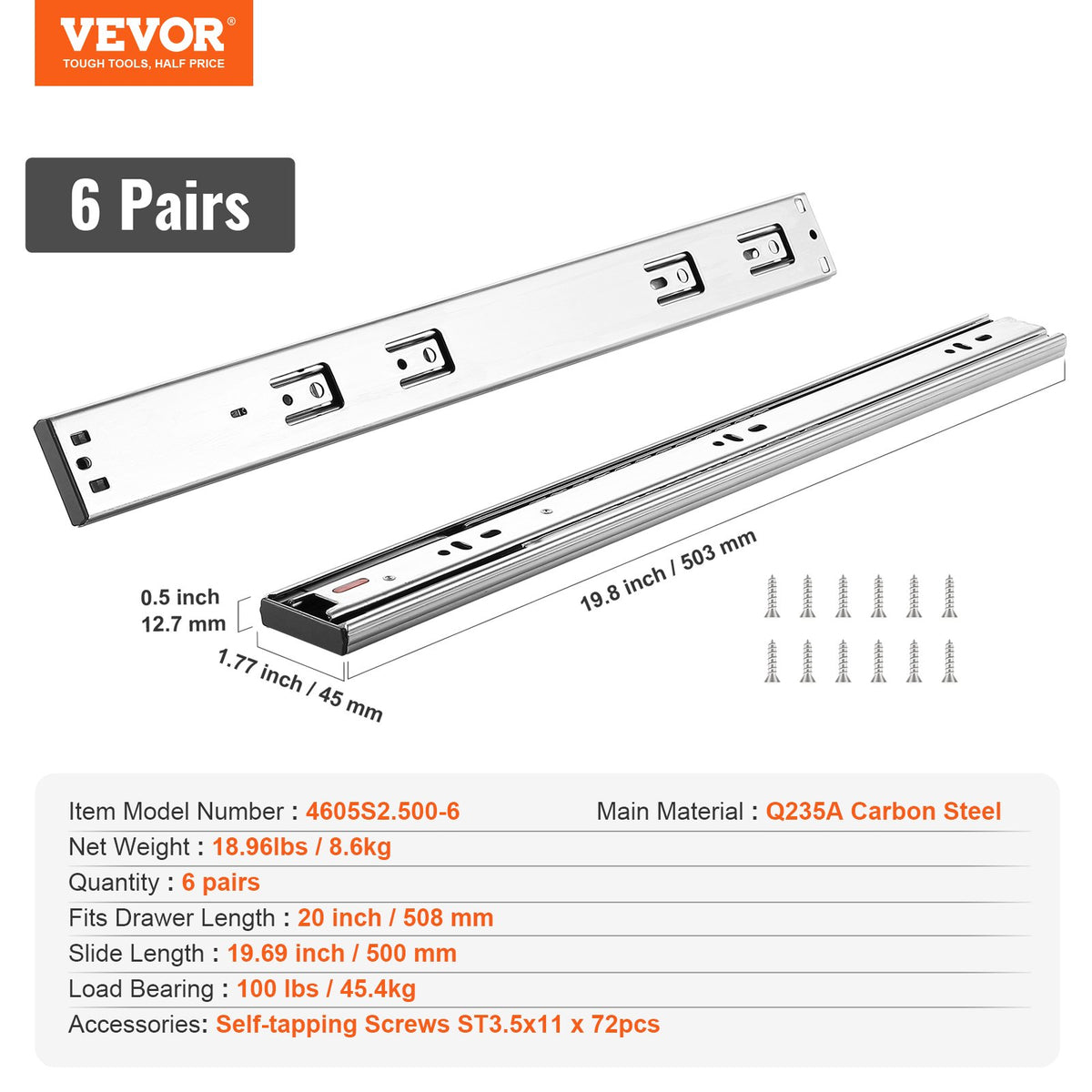 VEVOR 6 Pairs of 508mm Drawer Slides Side Mount Rails, Heavy Duty Full Extension Steel Track, Soft-Close Noiseless Guide Glides Cabinet Kitchen Runners with Ball Bearing, 100 Lbs Load Capacity
