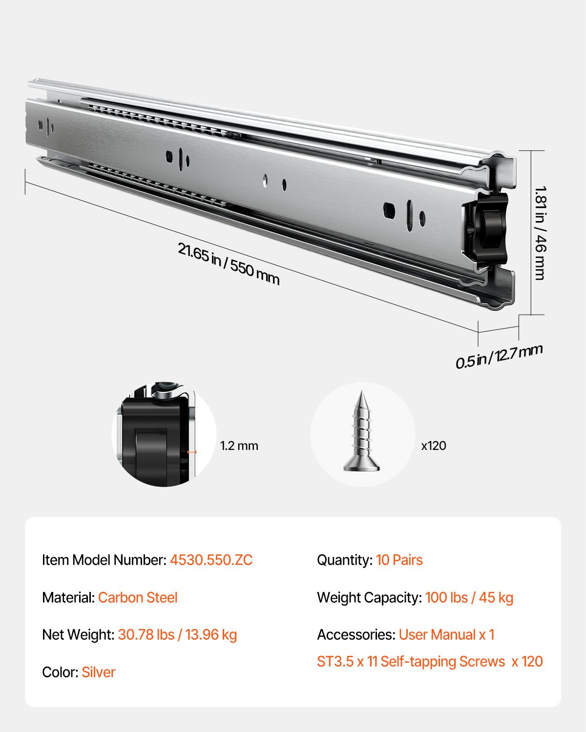 VEVOR Drawer Cabinet Slides Side Mount 22 inch 10 Pairs 100 LB Load Replacement