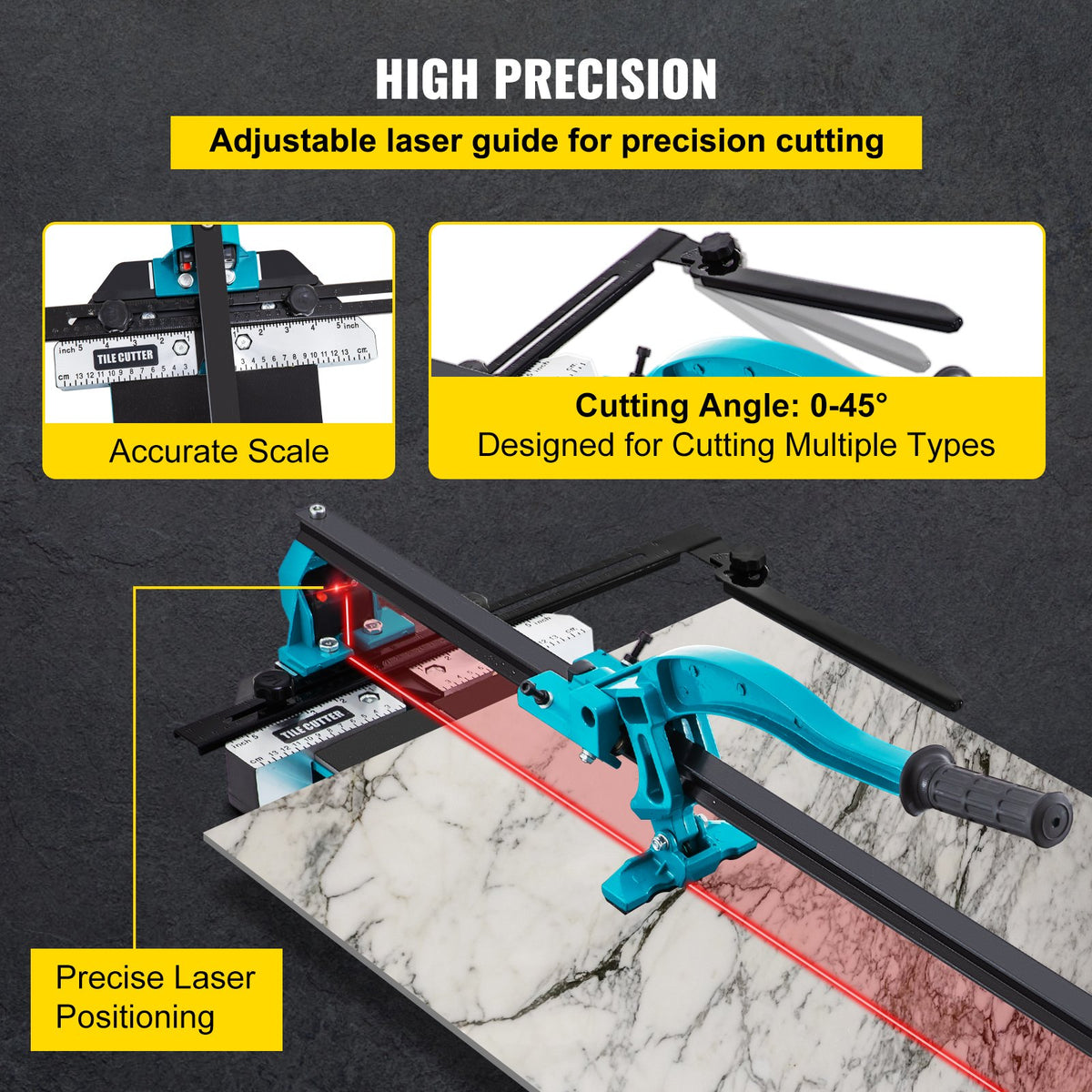 VEVOR Tile Cutter 24in Cutting Tool w/ Laser Guide Single Rail Double Brackets