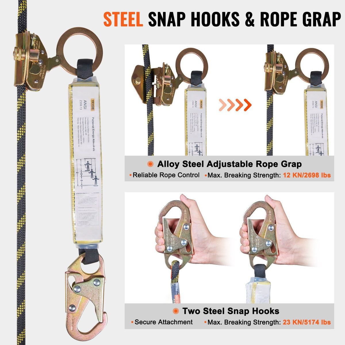 Vertical Lifeline Assembly 0.55'' x 100' Fall Protection Rope 30 KN ANSI