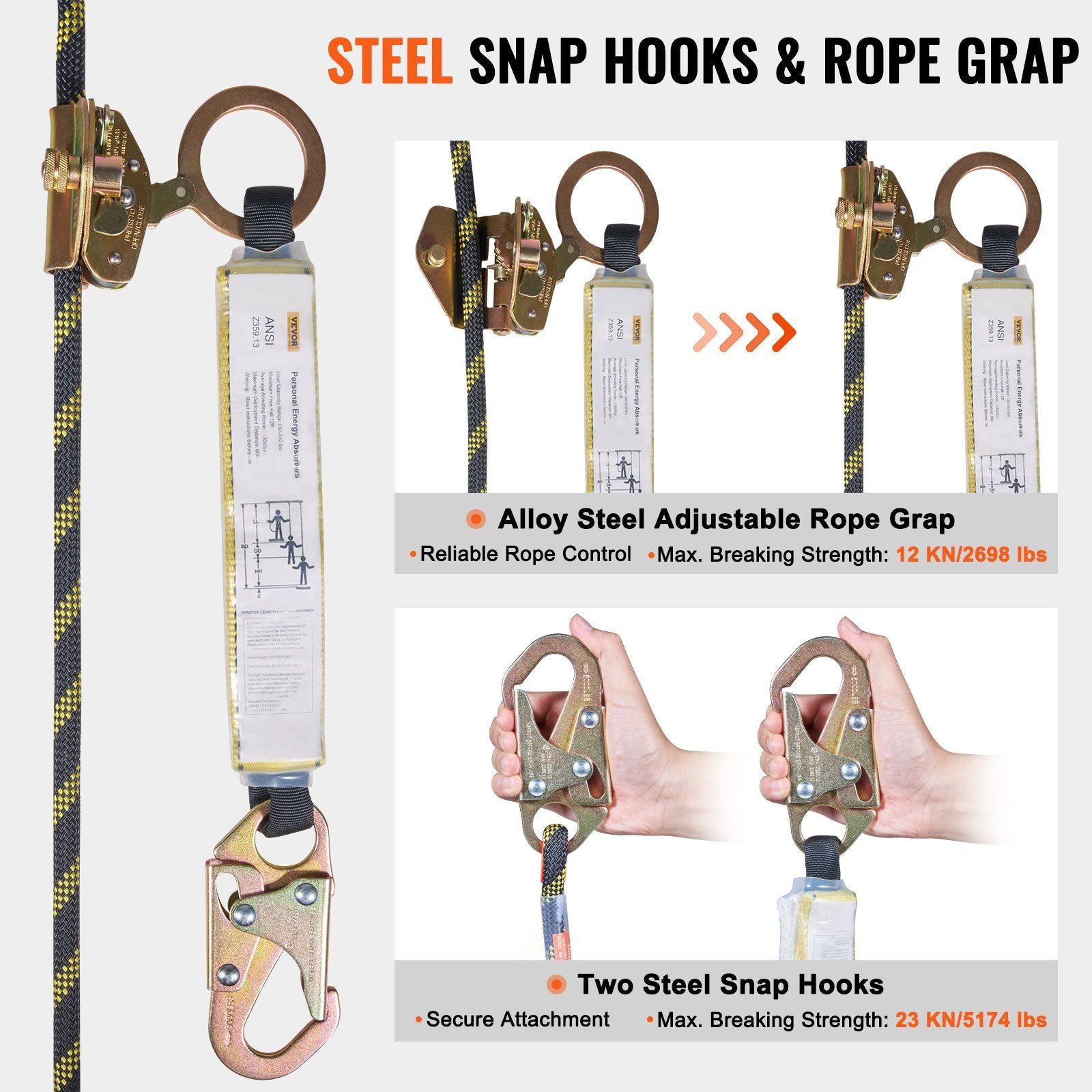 Vertical Lifeline Assembly 0.55'' x 100' Fall Protection Rope 30 KN ANSI