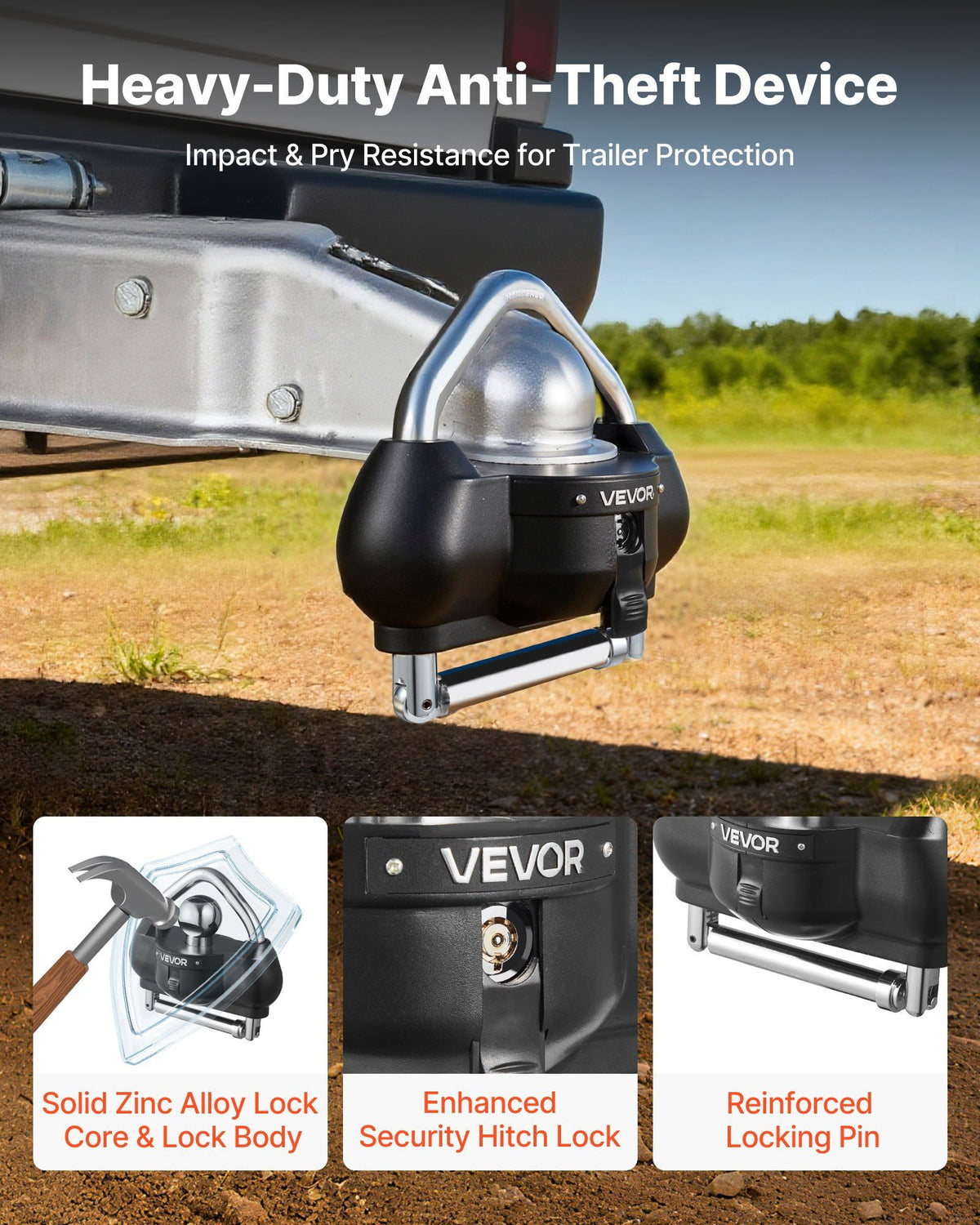 Trailer Hitch Lock, Fits for 46 mm, 50.8 mm, 58.7 mm Couplers, Heavy-Duty Anti-Theft Trailer Ball Lock with 3 Keys, Prying-Resistant, Adjustable Height Design for RVs, Boats, Trailers, Black
