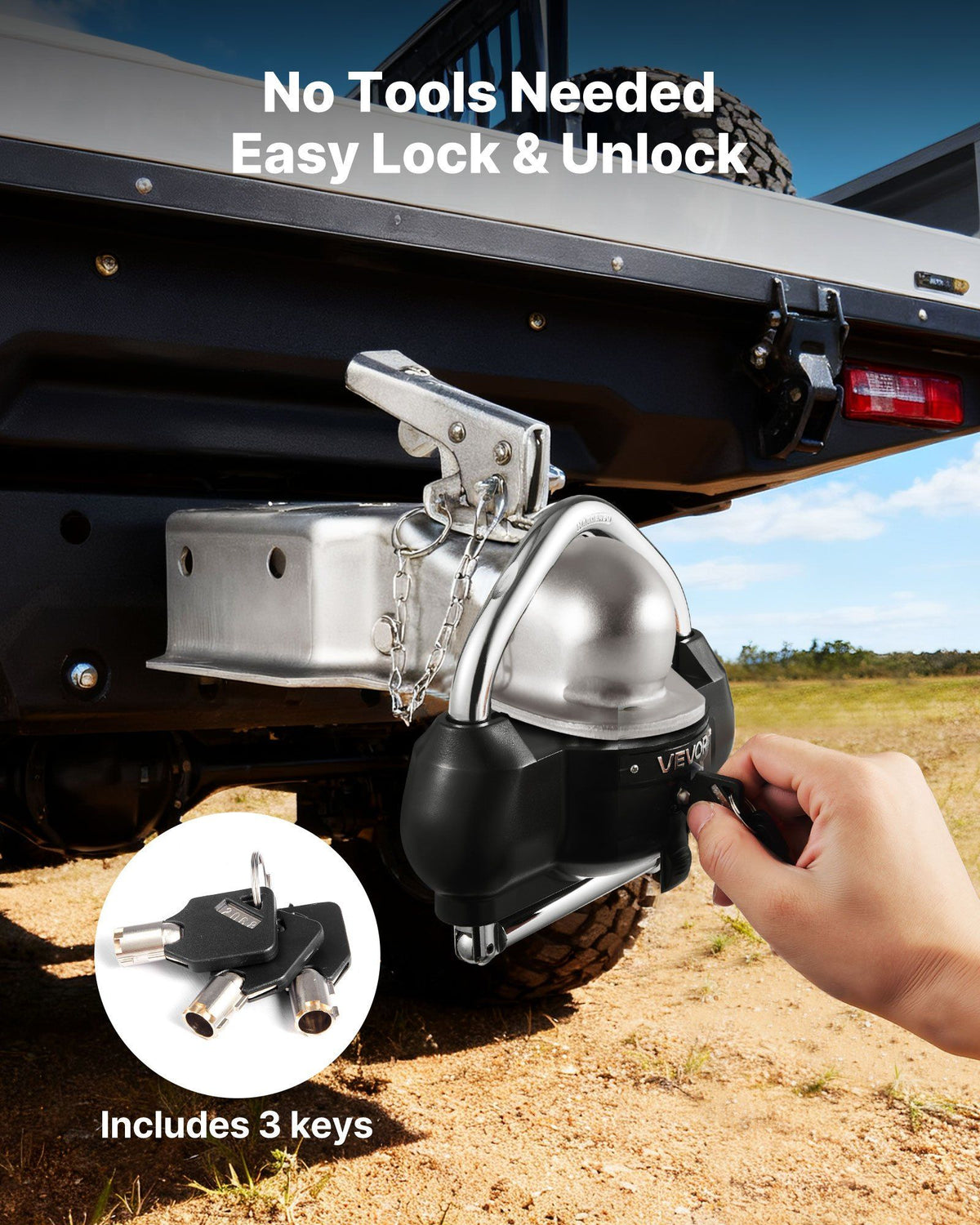 Trailer Hitch Lock, Fits for 46 mm, 50.8 mm, 58.7 mm Couplers, Heavy-Duty Anti-Theft Trailer Ball Lock with 3 Keys, Prying-Resistant, Adjustable Height Design for RVs, Boats, Trailers, Black