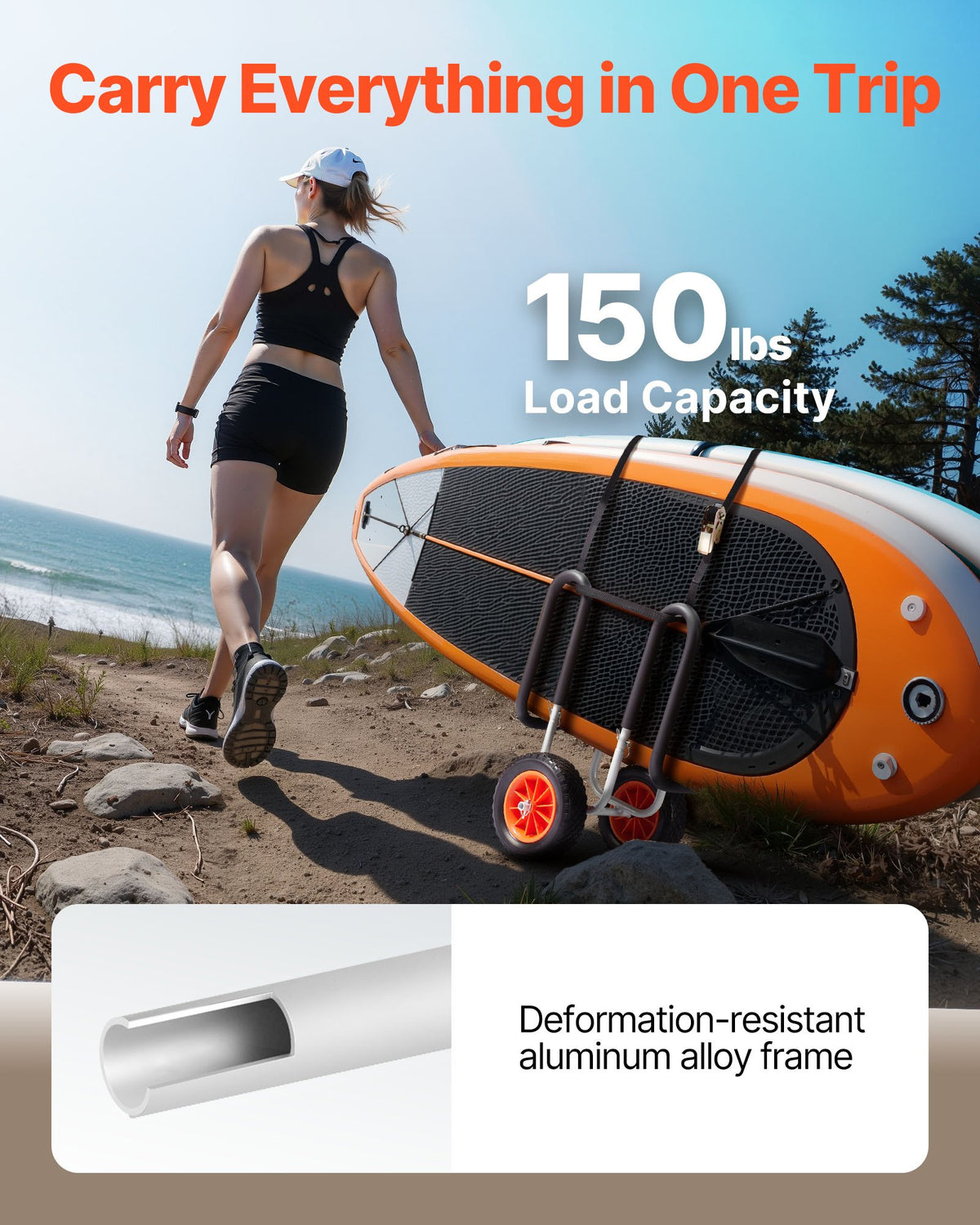 VEVOR Kayak Cart, 68.0 kg Load Capacity, Stand Up Paddle Board Trolley with 25.4 cm Solid Rubber Tires & Kickstands, Paddle Board Carrier with Ratchet Strap for Paddleboard & Surfboard Transport