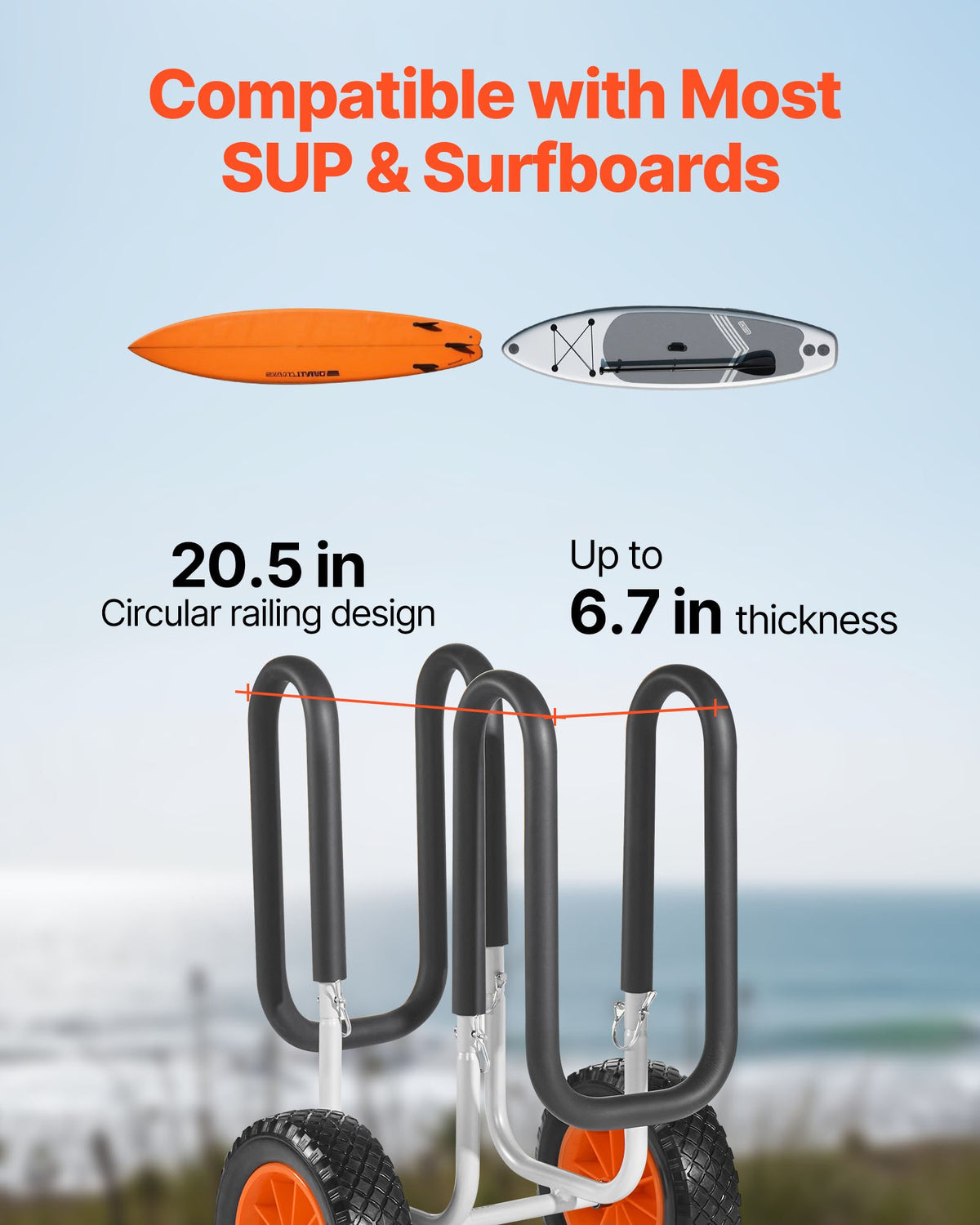 VEVOR Kayak Cart, 68.0 kg Load Capacity, Stand Up Paddle Board Trolley with 25.4 cm Solid Rubber Tires & Kickstands, Paddle Board Carrier with Ratchet Strap for Paddleboard & Surfboard Transport