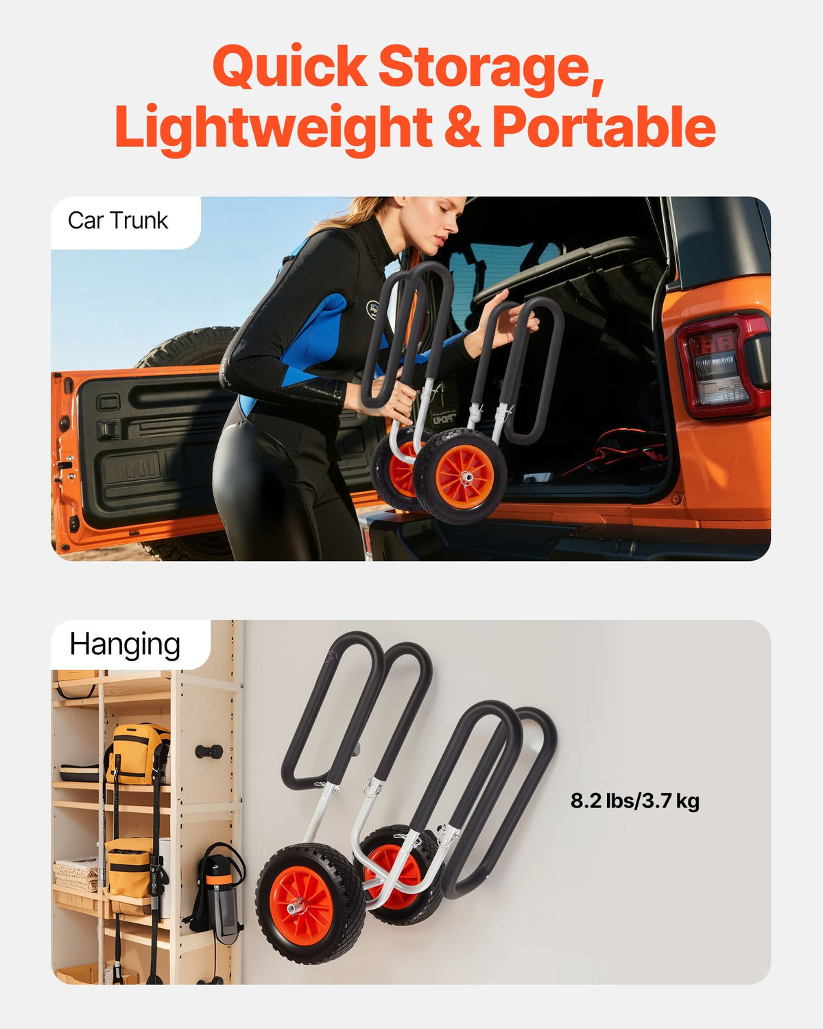 VEVOR Kayak Cart, 68.0 kg Load Capacity, Stand Up Paddle Board Trolley with 25.4 cm Solid Rubber Tires & Kickstands, Paddle Board Carrier with Ratchet Strap for Paddleboard & Surfboard Transport