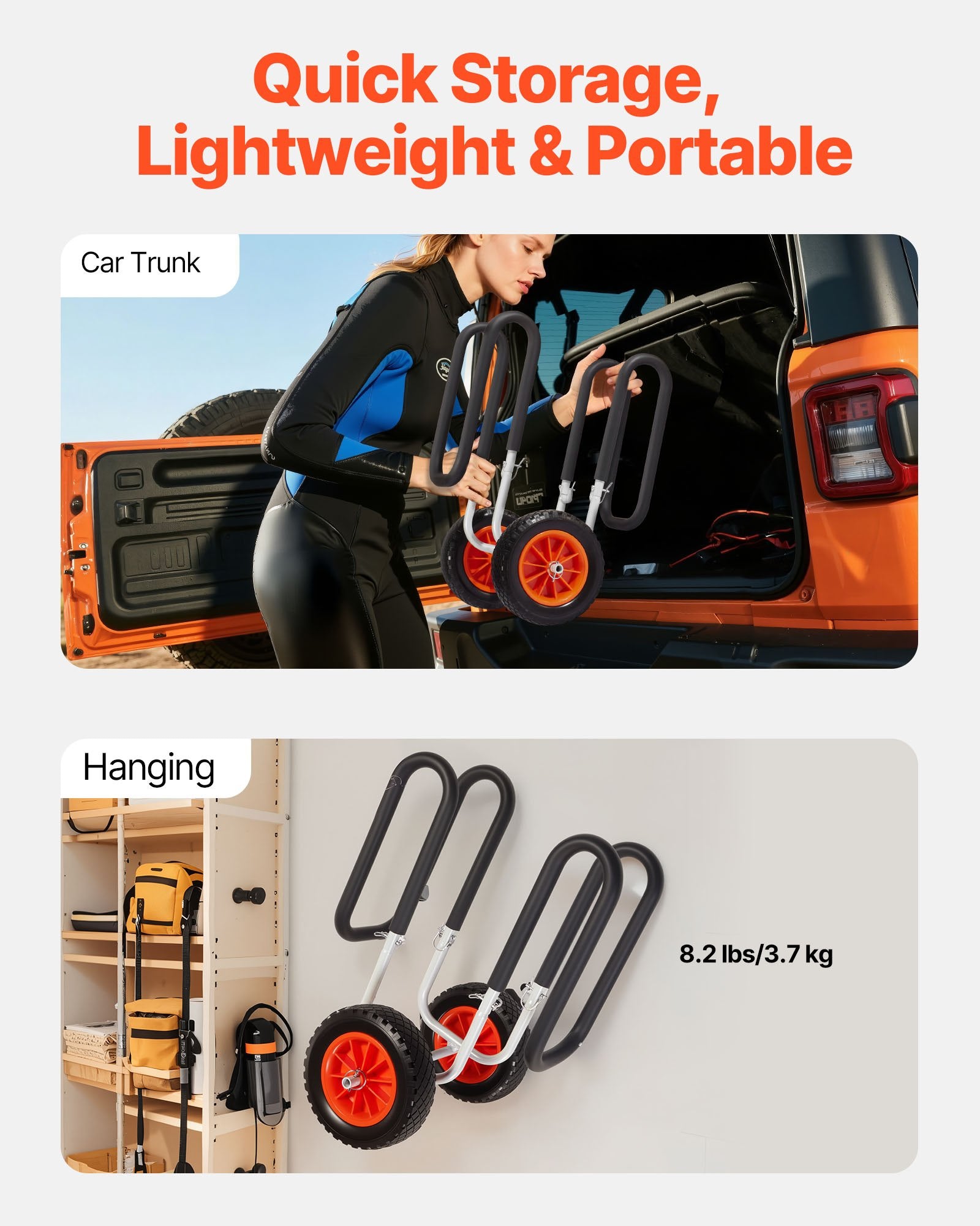 VEVOR Kayak Cart, 68.0 kg Load Capacity, Stand Up Paddle Board Trolley with 25.4 cm Solid Rubber Tires & Kickstands, Paddle Board Carrier with Ratchet Strap for Paddleboard & Surfboard Transport