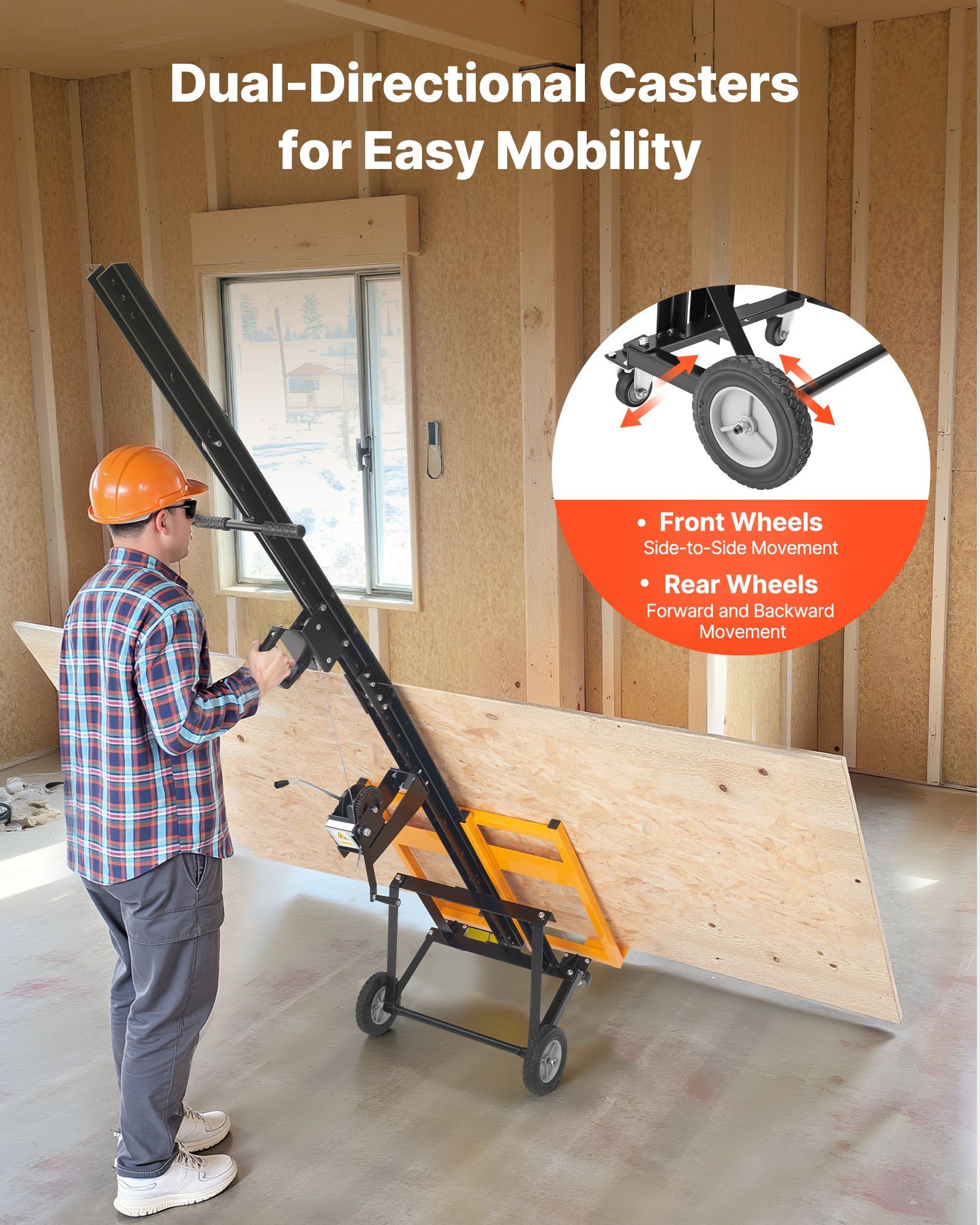 Drywall Lift, Heavy-Duty 68 kg Sheetrock Hoist for Wall Installation, One Person Drywall Installation, 1219x4878 mm Max. Panel Vertical Lifter with Wheels, Easy Transport (Yellow)