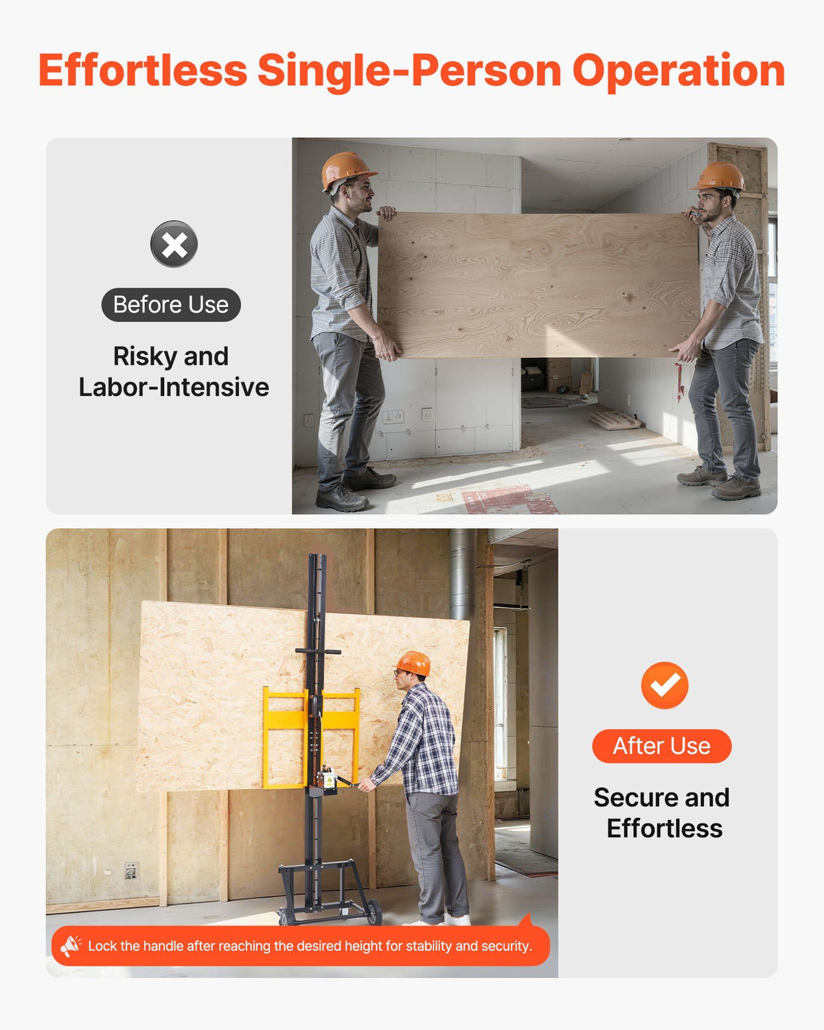 Drywall Lift, Heavy-Duty 68 kg Sheetrock Hoist for Wall Installation, One Person Drywall Installation, 1219x4878 mm Max. Panel Vertical Lifter with Wheels, Easy Transport (Yellow)
