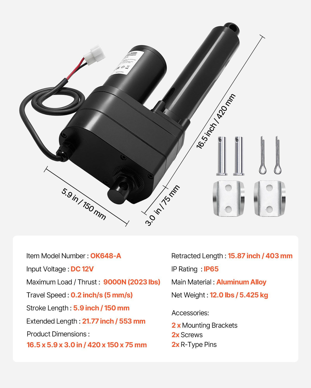 12V Linear Actuator, 150mm Stroke Ultra Heavy-Duty 9000N Linear Motion Actuator, IP65-Rated 5mm/s with Mounting Brackets for Industrial Machinery Vessels, Heavy Lifting Systems