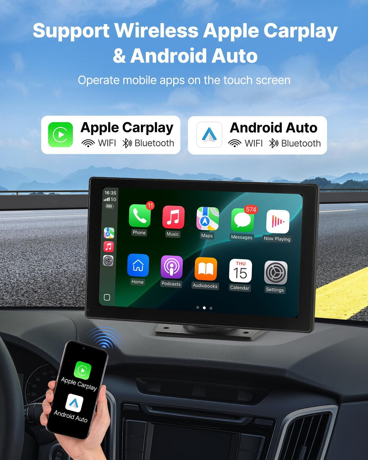 Wireless Car Stereo, 228.6mm HD Portable Radio Touch Screen with Apple CarPlay and Android Auto, CarPlay Screen with Front & Backup Cameras, Voice Control, Mirror Link, Bluetooth, GPS Navigation