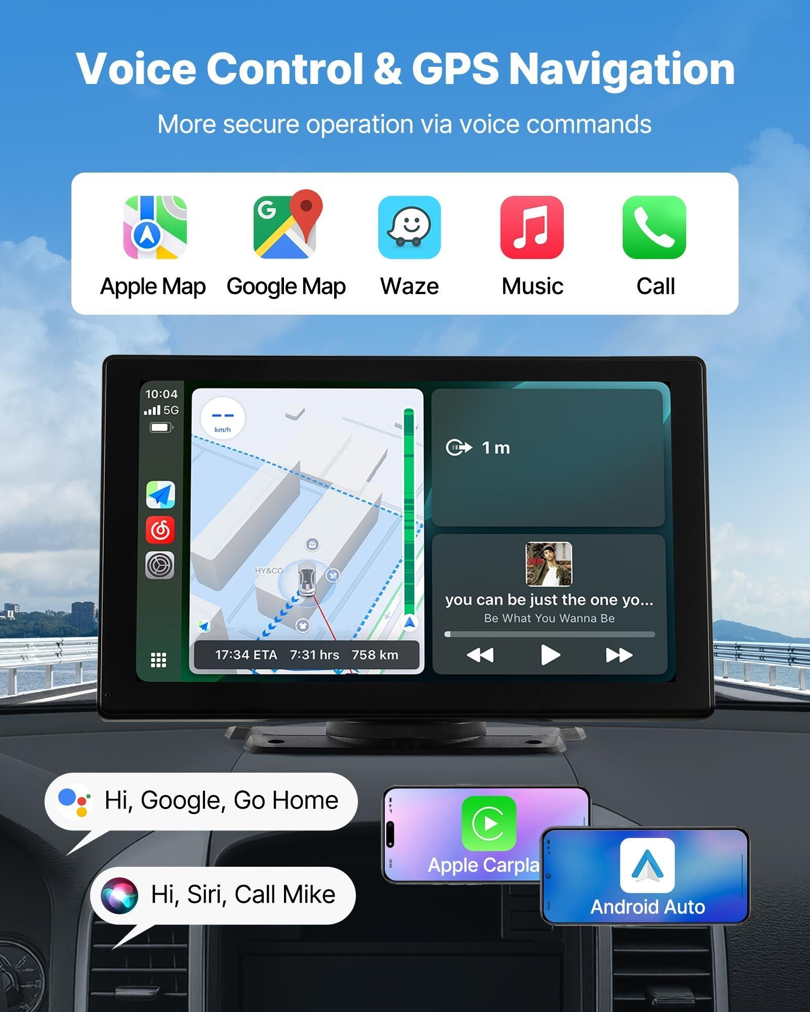 Wireless Car Stereo, 228.6mm HD Portable Radio Touch Screen with Apple CarPlay and Android Auto, CarPlay Screen with Front & Backup Cameras, Voice Control, Mirror Link, Bluetooth, GPS Navigation