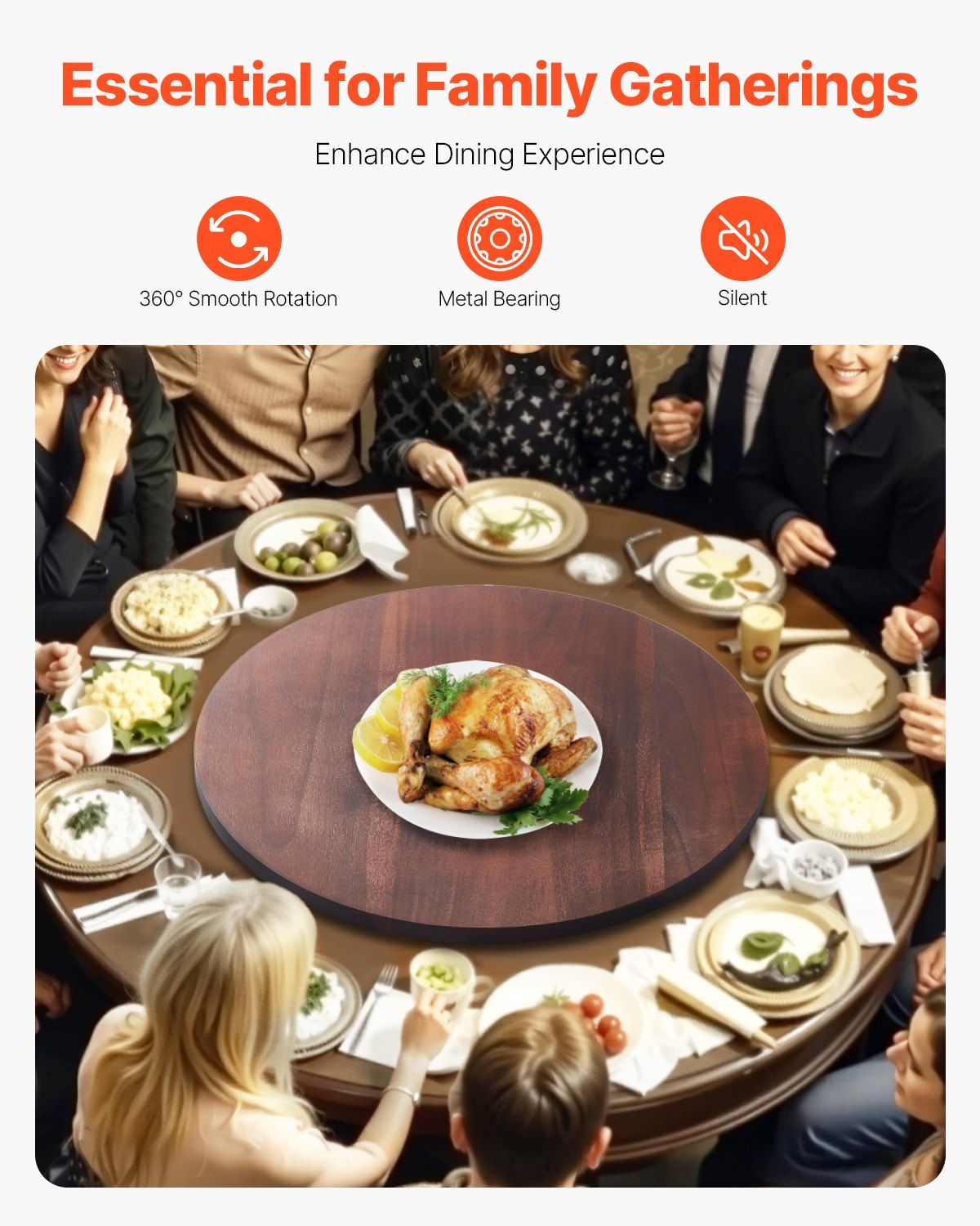 61 cm Wood Lazy Susan Turntable, 360° Rotation Round Clear Tabletop Rotating Tray, Acacia Wood Dining Table Centerpiece, Smooth and Silent Spin, for Family Gatherings, Banquets and Weddings
