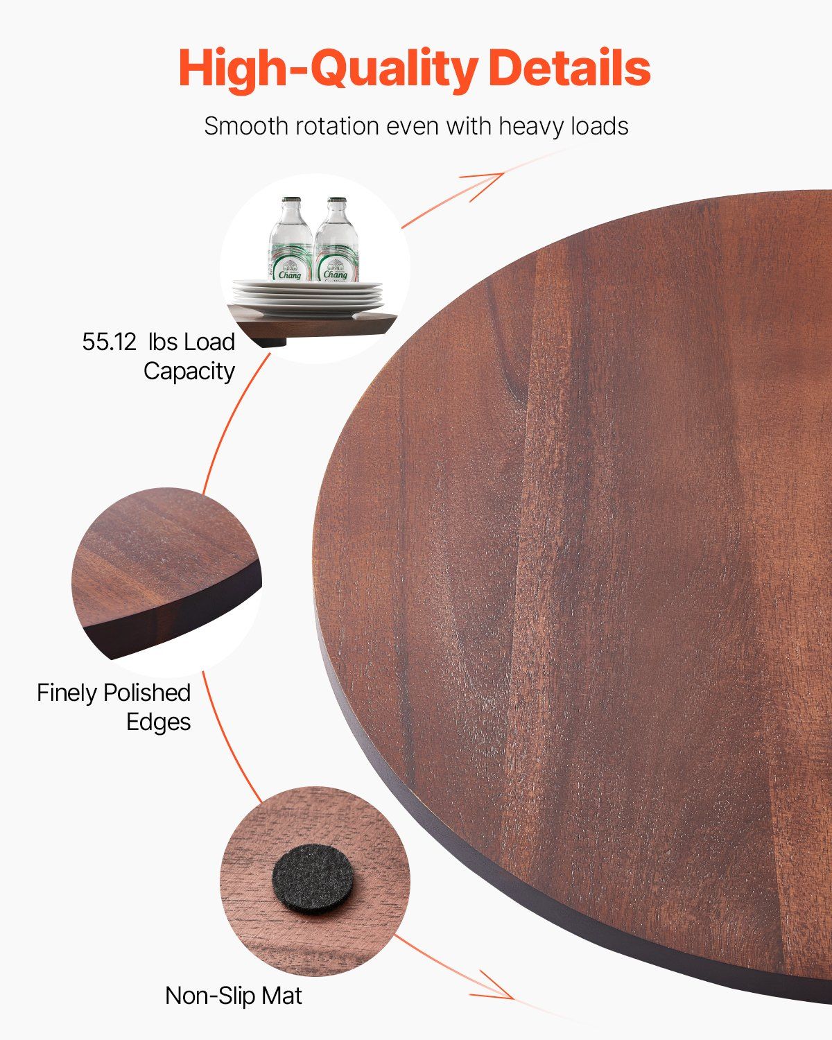 61 cm Wood Lazy Susan Turntable, 360° Rotation Round Clear Tabletop Rotating Tray, Acacia Wood Dining Table Centerpiece, Smooth and Silent Spin, for Family Gatherings, Banquets and Weddings
