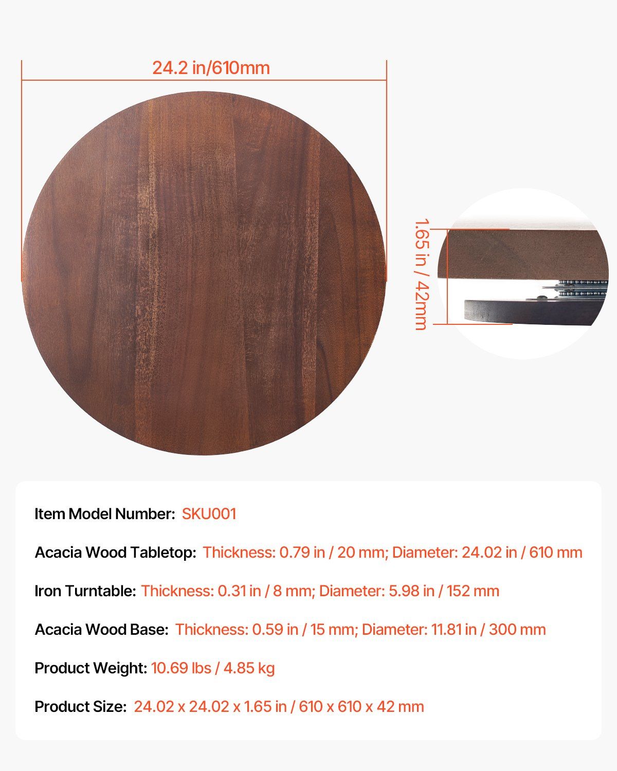 61 cm Wood Lazy Susan Turntable, 360° Rotation Round Clear Tabletop Rotating Tray, Acacia Wood Dining Table Centerpiece, Smooth and Silent Spin, for Family Gatherings, Banquets and Weddings