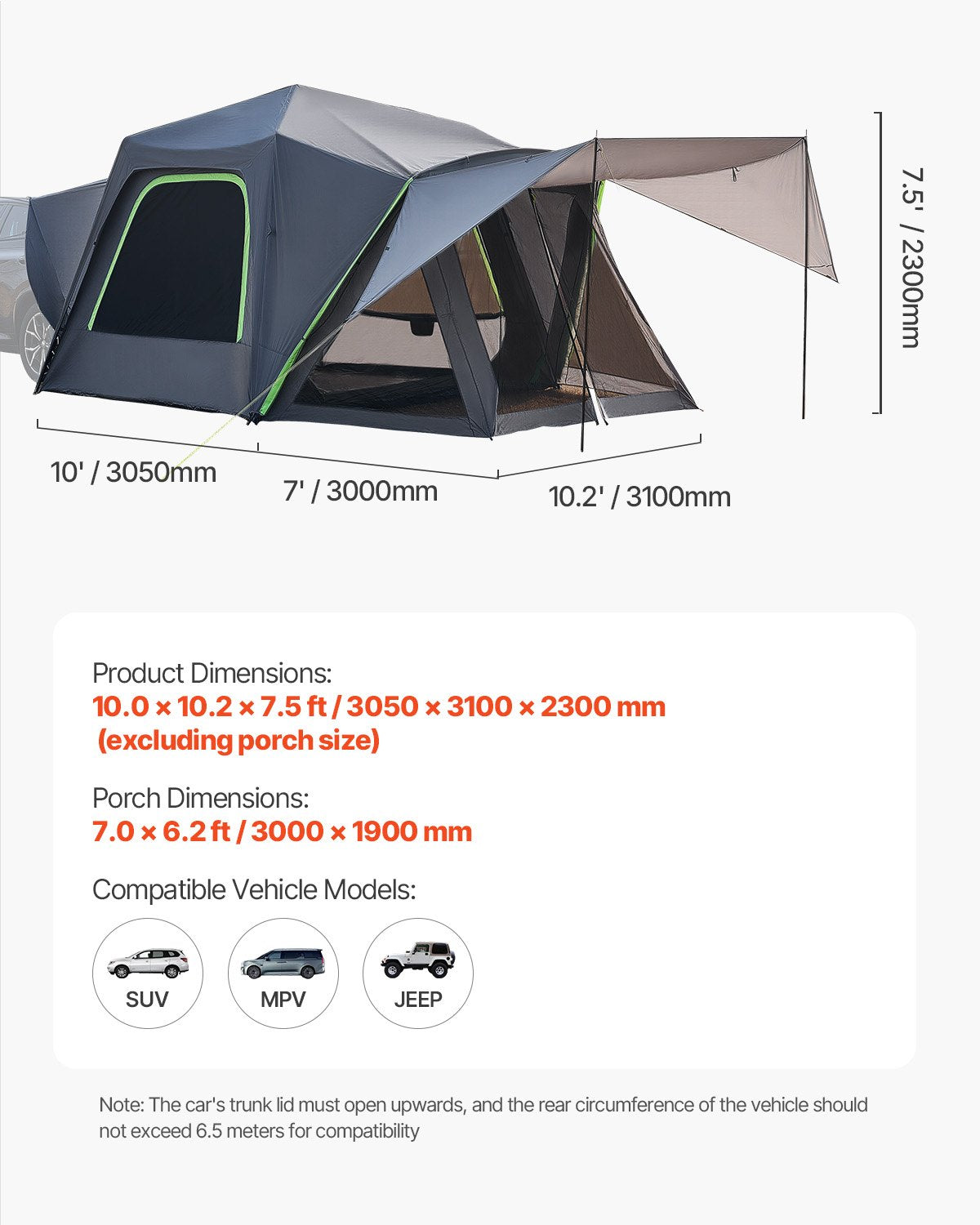 VEVOR SUV Tent for Camping, 10FT L x 10FT W, Waterproof PU2000mm Spacious Double Layer Design for 5-8 Person, SUV Camping Tent with Shade Awning and Mesh Windows, Includes Rainfly and Storage Bag