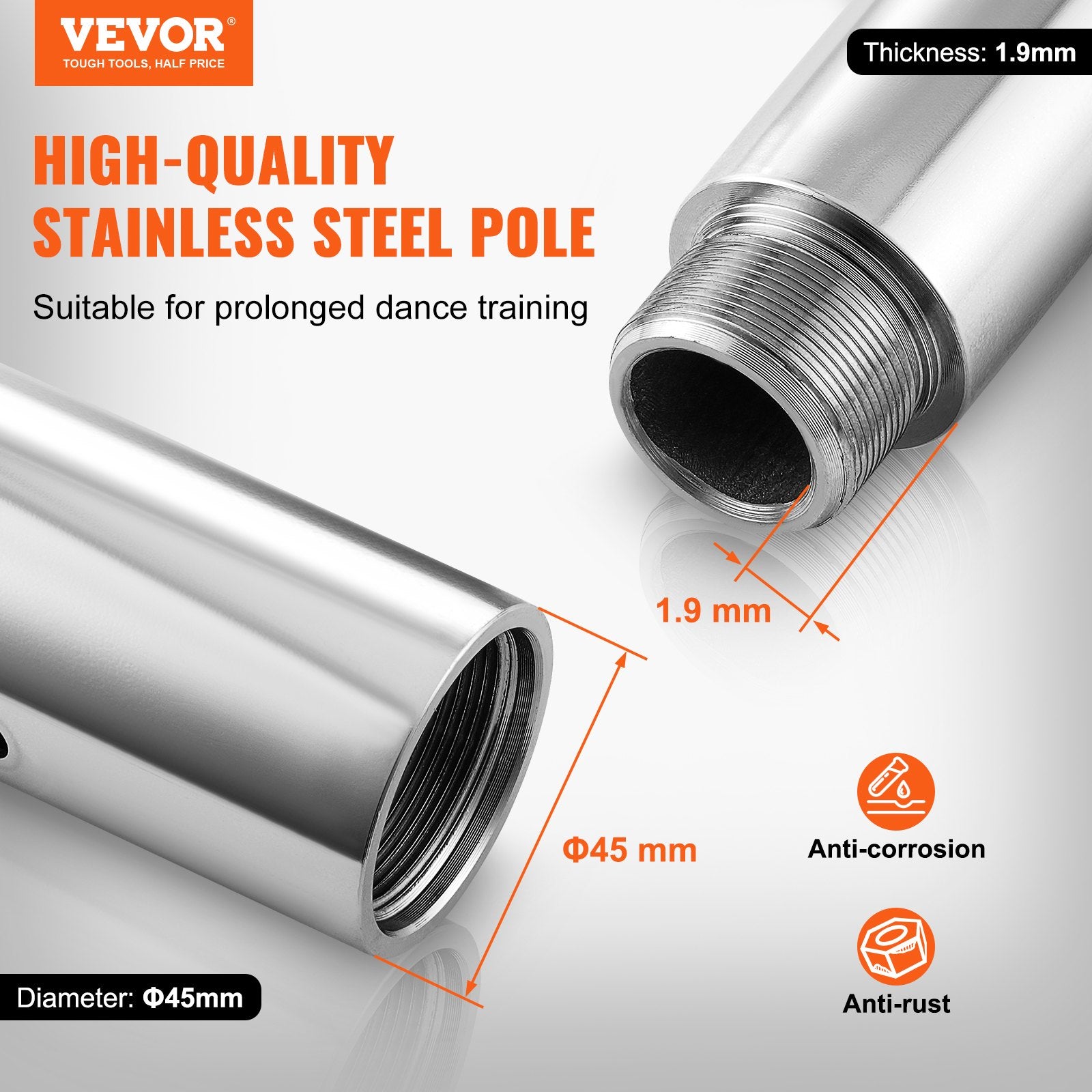 VEVOR Professional Dancing Pole, Spinning Static Dancing Pole Kit, Portable Removable Pole, 45mm Heavy-Duty Stainless Steel Pole, Height Adjustable Fitness Pole, for Exercise Home Club Gym, Silver