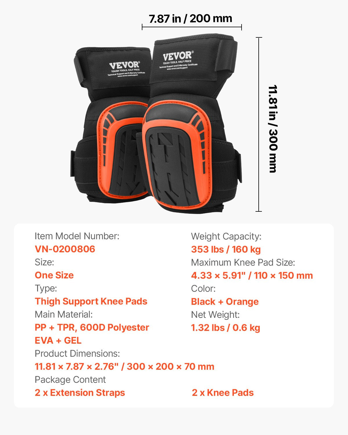 VEVOR Knee Pads for Work, Extended Heavy Duty Construction Knee Pads with 2 Extension Straps, Anti-slip Foam Gel Knee Pads, Men & Women, for Gardening Flooring Roofing and Cleaning, Black and Orange