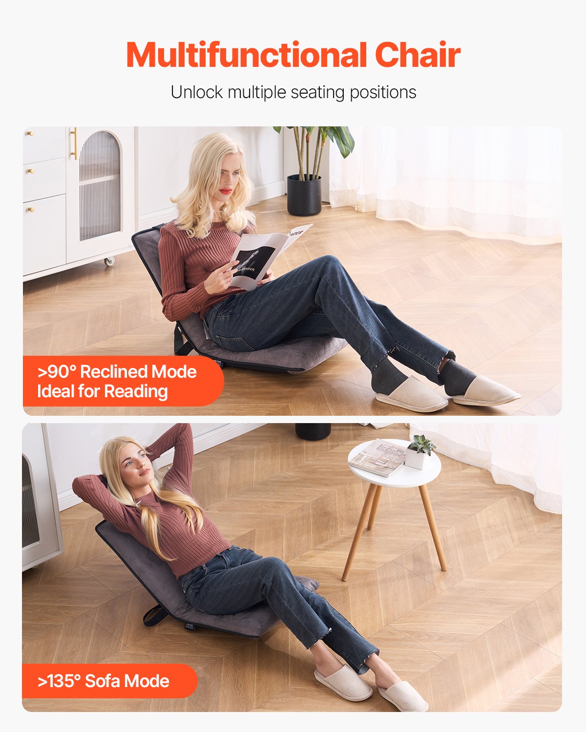 VEVOR Floor Chair, 6-Position Adjustable Meditation Chair with Back Support, Folding Sofa Chair for Reading TV Watching and Gaming, Portable Floor Seat Lounge Sofa Chair for Kids Teens Adults, Gray