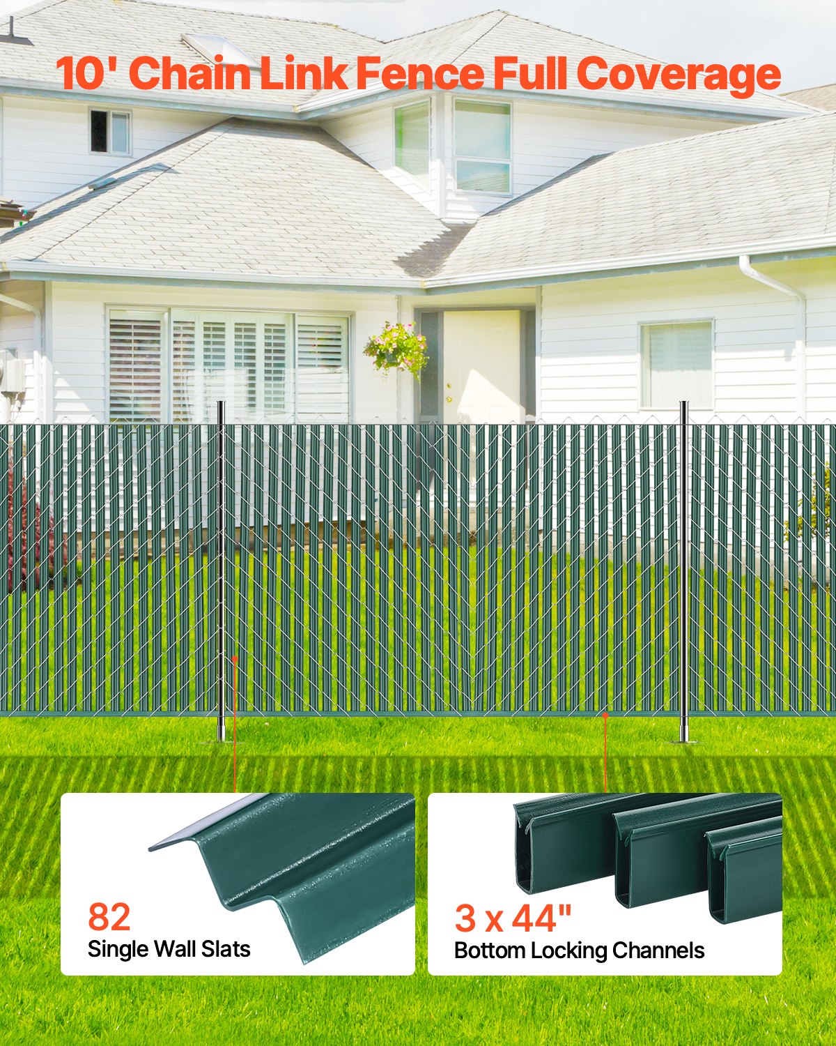 VEVOR Bottom Locking Privacy Slats, Single-Wall Vertical Bottom-Locking Slats for Chain-Link Fence, High-Density HDPE Chain Link Slats Ideally Fit 1.2 m High Fence for Garden Farm Sports Field(Green)