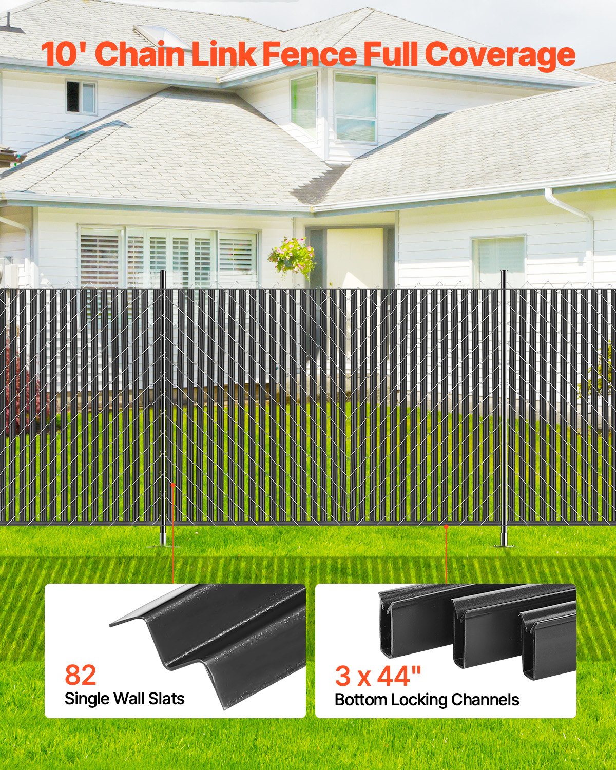 VEVOR Bottom Locking Privacy Slats, Single-Wall Vertical Bottom-Locking Slats for Chain-Link Fence, High-Density HDPE Chain Link Slats Ideally Fit 1.8 m High Fence for Garden Farm Sports Field(Black)