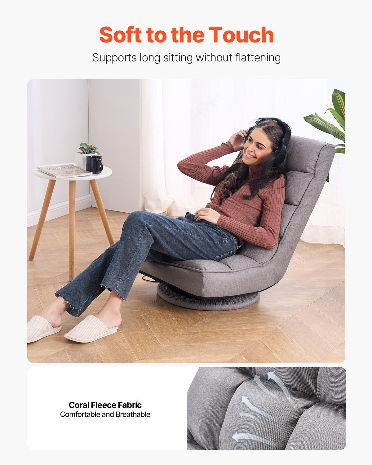 Swivel Floor Gaming Chair, 360-Degree Rotating Floor Chair with 4 Adjustable Position Folding Backrest and Lumbar Support, Folding Video Reclining Sofa for Watching TV Reading Playing Game, Gray