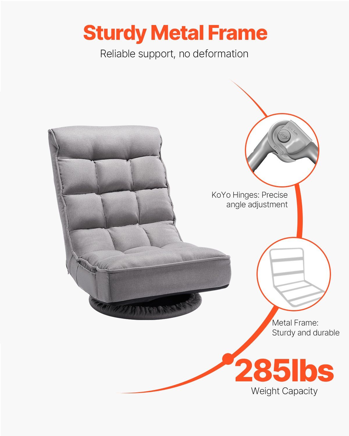 Swivel Floor Gaming Chair, 360-Degree Rotating Floor Chair with 4 Adjustable Position Folding Backrest and Lumbar Support, Folding Video Reclining Sofa for Watching TV Reading Playing Game, Gray
