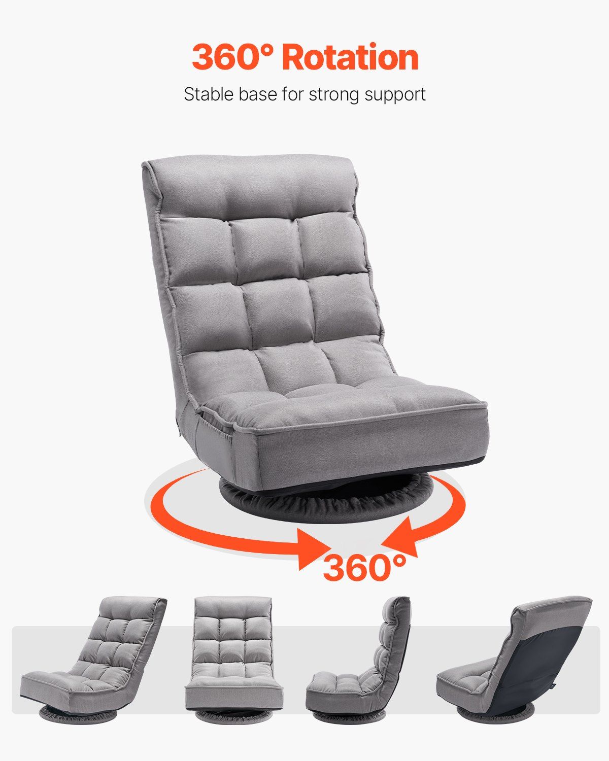Swivel Floor Gaming Chair, 360-Degree Rotating Floor Chair with 4 Adjustable Position Folding Backrest and Lumbar Support, Folding Video Reclining Sofa for Watching TV Reading Playing Game, Gray