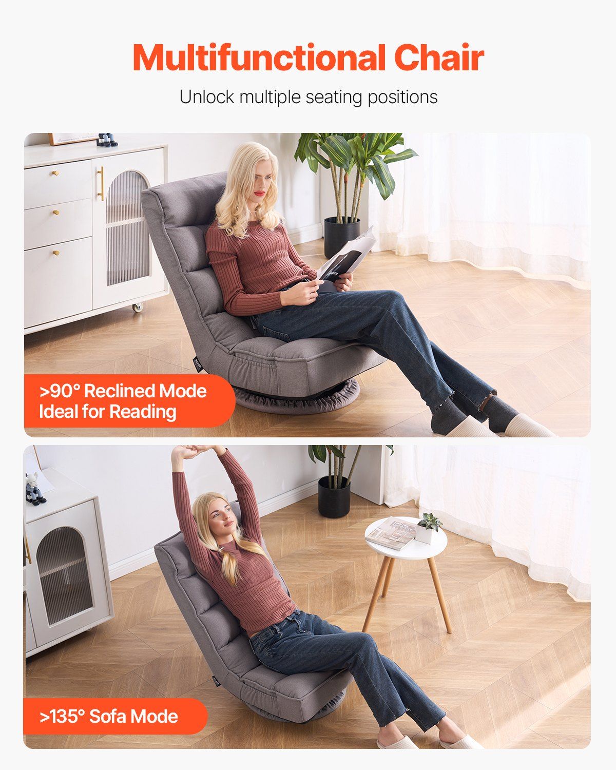 Swivel Floor Gaming Chair, 360-Degree Rotating Floor Chair with 4 Adjustable Position Folding Backrest and Lumbar Support, Folding Video Reclining Sofa for Watching TV Reading Playing Game, Gray