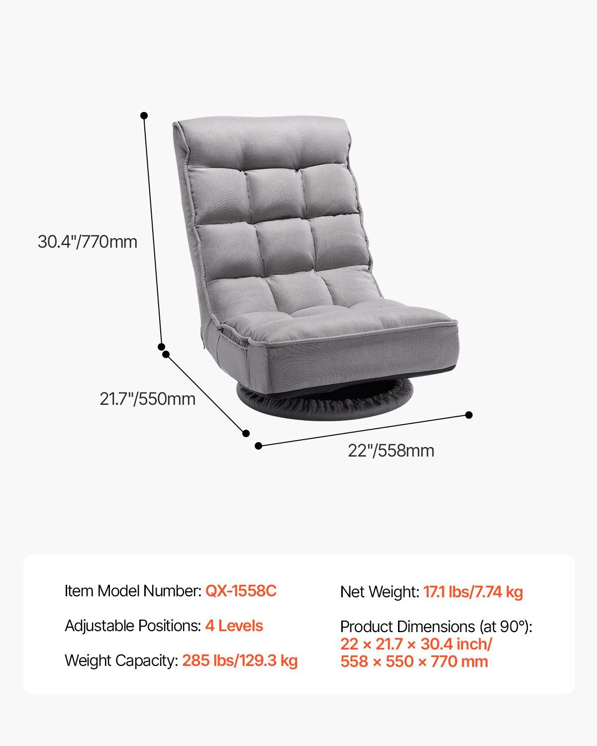 Swivel Floor Gaming Chair, 360-Degree Rotating Floor Chair with 4 Adjustable Position Folding Backrest and Lumbar Support, Folding Video Reclining Sofa for Watching TV Reading Playing Game, Gray