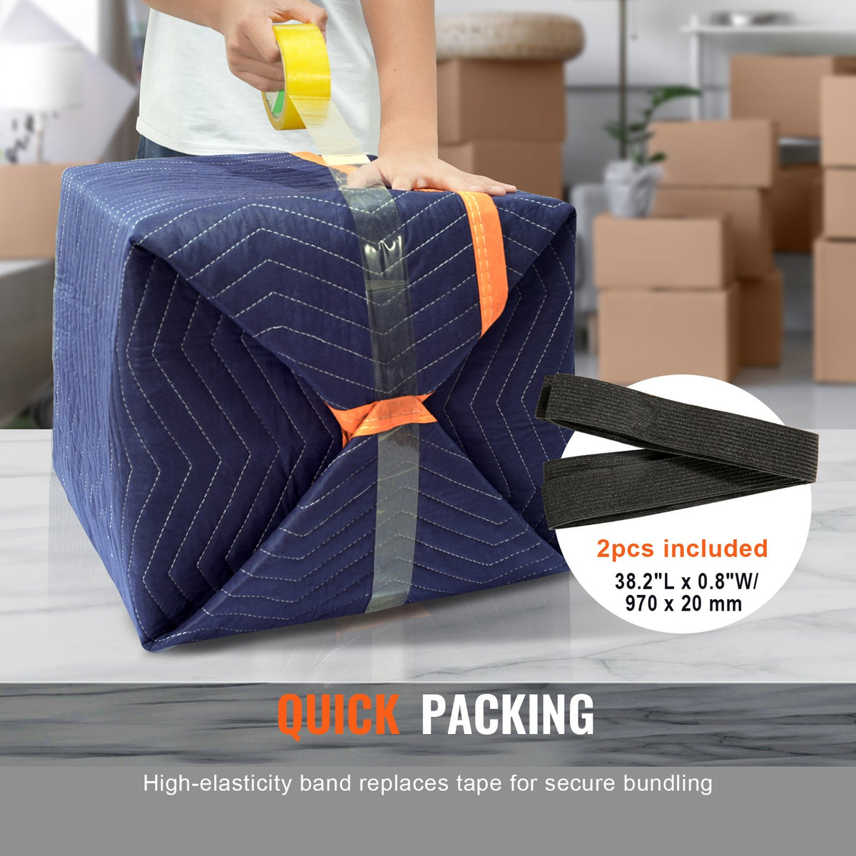 VEVOR Moving Blankets, 2032 x 1829 mm, 29.5 kg/dz, 12 Packs, Professional Non-Woven & Recycled Cotton Packing Blanket, Heavy Duty Mover Pads for Protecting Furniture, Floors, Appliances, Blue/Orange