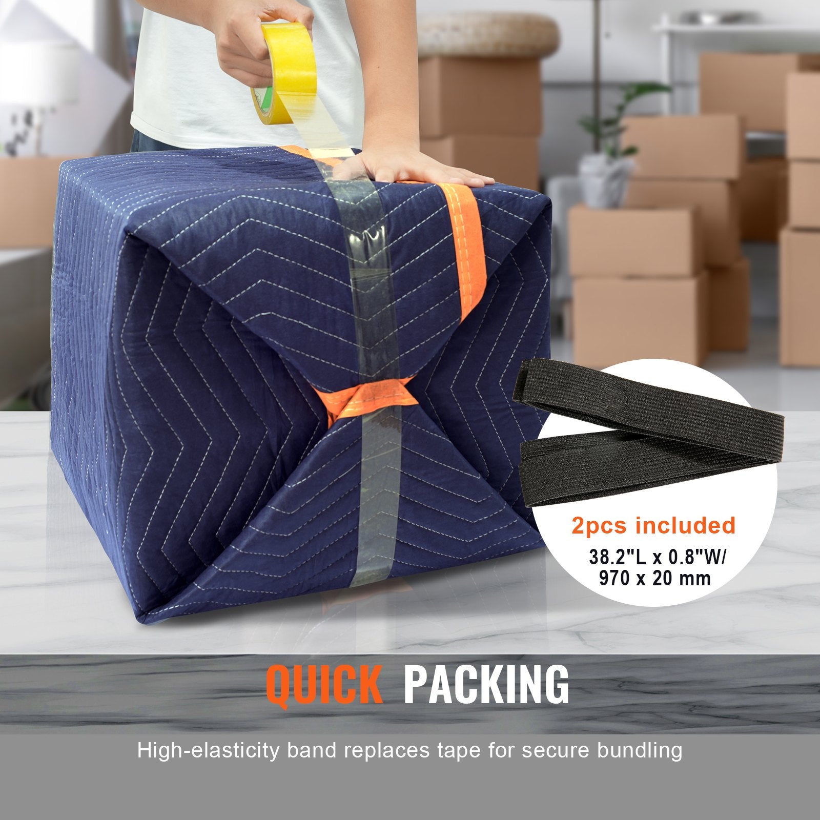 VEVOR Moving Blankets, 2032 x 1829 mm, 29.5 kg/dz, 12 Packs, Professional Non-Woven & Recycled Cotton Packing Blanket, Heavy Duty Mover Pads for Protecting Furniture, Floors, Appliances, Blue/Orange