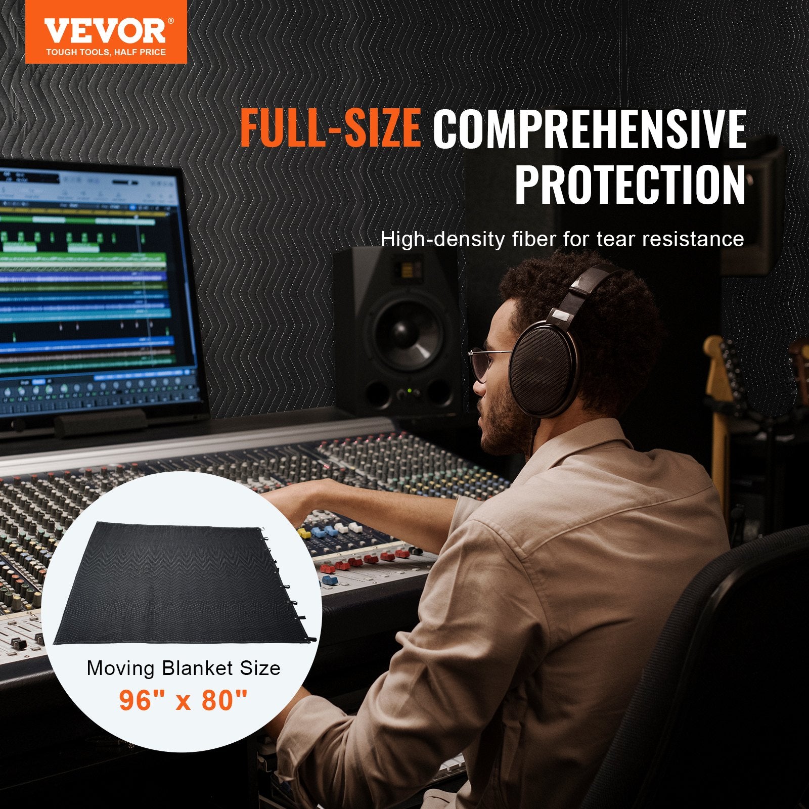VEVOR Sound Dampening Blanket, 2438 x 2032 mm Extra Large Studio Grommeted Soundproof Blanket with Grommets, Light Blocker for Door Acoustic Noise Blocking Blanket Studio Sound Absorption Sheet, Black