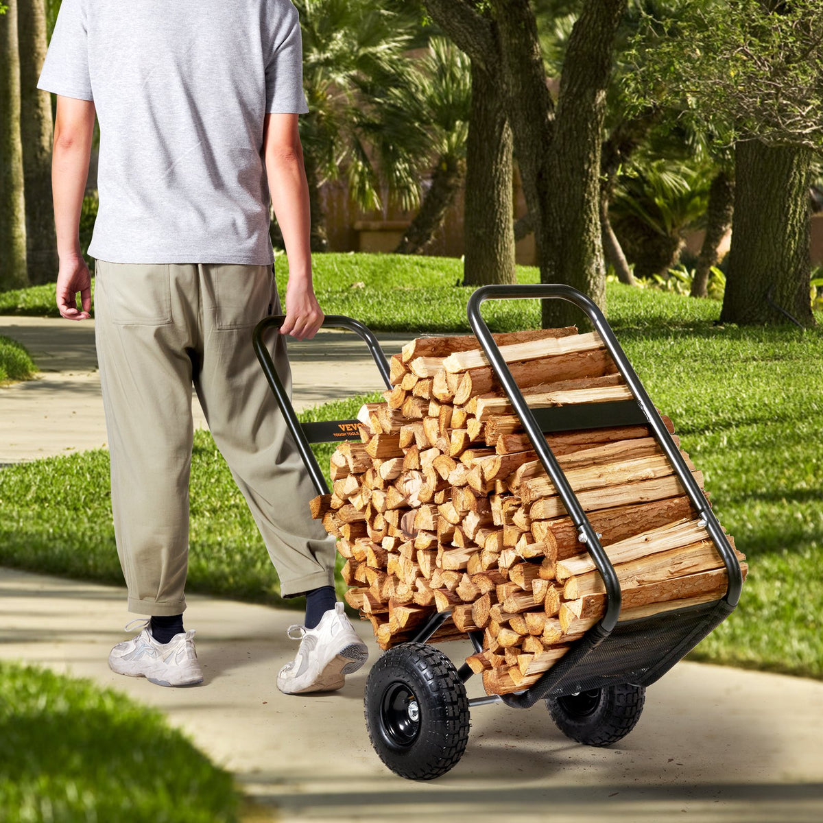 VEVOR Firewood Log Cart, 113 kg Load Capacity, Outdoor and Indoor Wood Rack Storage Mover with Pneumatic Rubber Wheels, Heavy Duty Steel Dolly Hauler, Firewood Carrier for Fireplace, Fire Pit, Black