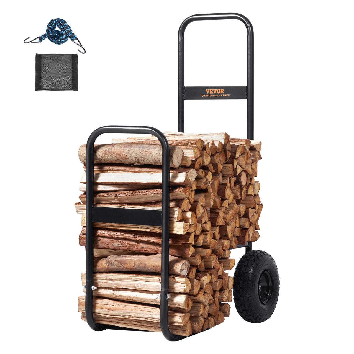VEVOR Firewood Log Cart, 113 kg Load Capacity, Outdoor and Indoor Wood Rack Storage Mover with Pneumatic Rubber Wheels, Heavy Duty Steel Dolly Hauler, Firewood Carrier for Fireplace, Fire Pit, Black