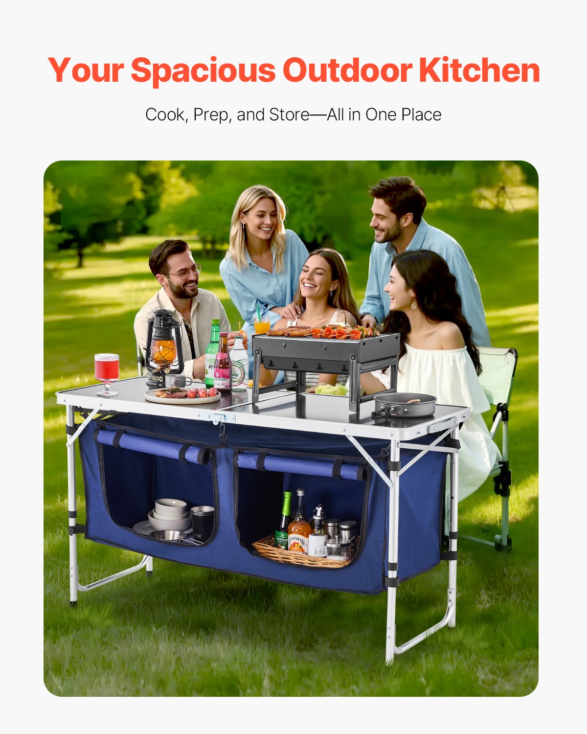 VEVOR Camping Kitchen Table, Folding Outdoor Cooking Table, 3 Adjustable Height, Aluminum Lightweight Portable Cook Station with Storage Organizer, Carry Handle, for BBQ Party Picnic RV Travel, Blue