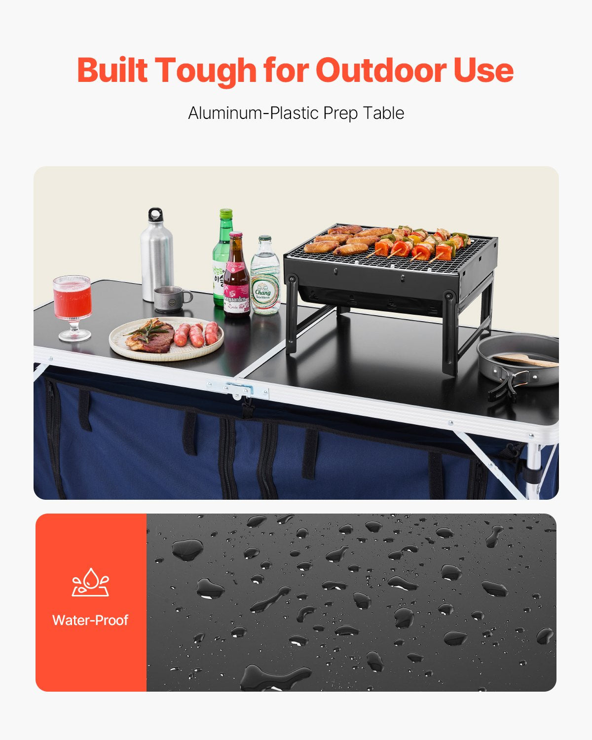 VEVOR Camping Kitchen Table, Folding Outdoor Cooking Table, 3 Adjustable Height, Aluminum Lightweight Portable Cook Station with Storage Organizer, Carry Handle, for BBQ Party Picnic RV Travel, Blue