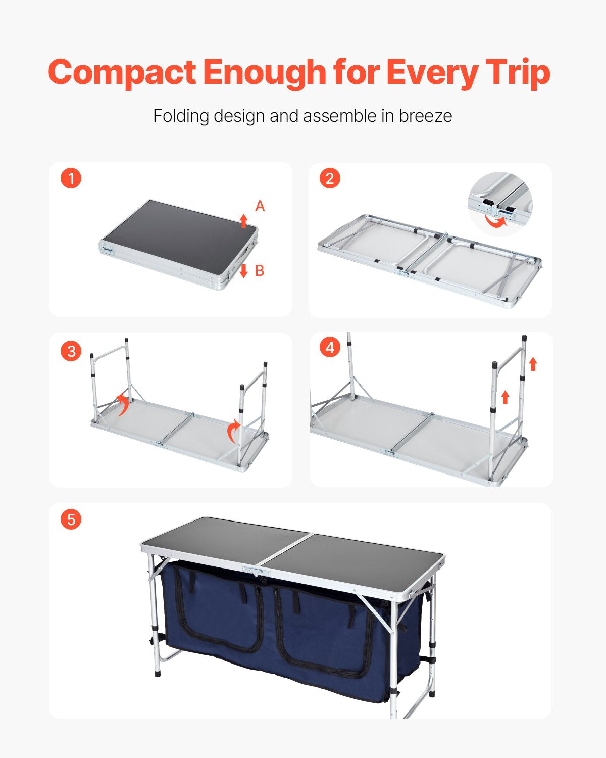 VEVOR Camping Kitchen Table, Folding Outdoor Cooking Table, 3 Adjustable Height, Aluminum Lightweight Portable Cook Station with Storage Organizer, Carry Handle, for BBQ Party Picnic RV Travel, Blue