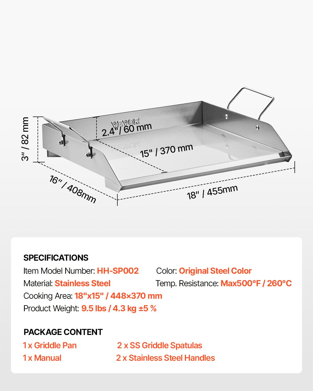 VEVOR Stainless Steel Griddle, 18x16 inch Universal Flat Top Rectangular Plate, Gas Grill Griddle for BBQ Grill, Teppanyaki, Portable Family Cookware with Handle, for Camping Tailgating Party