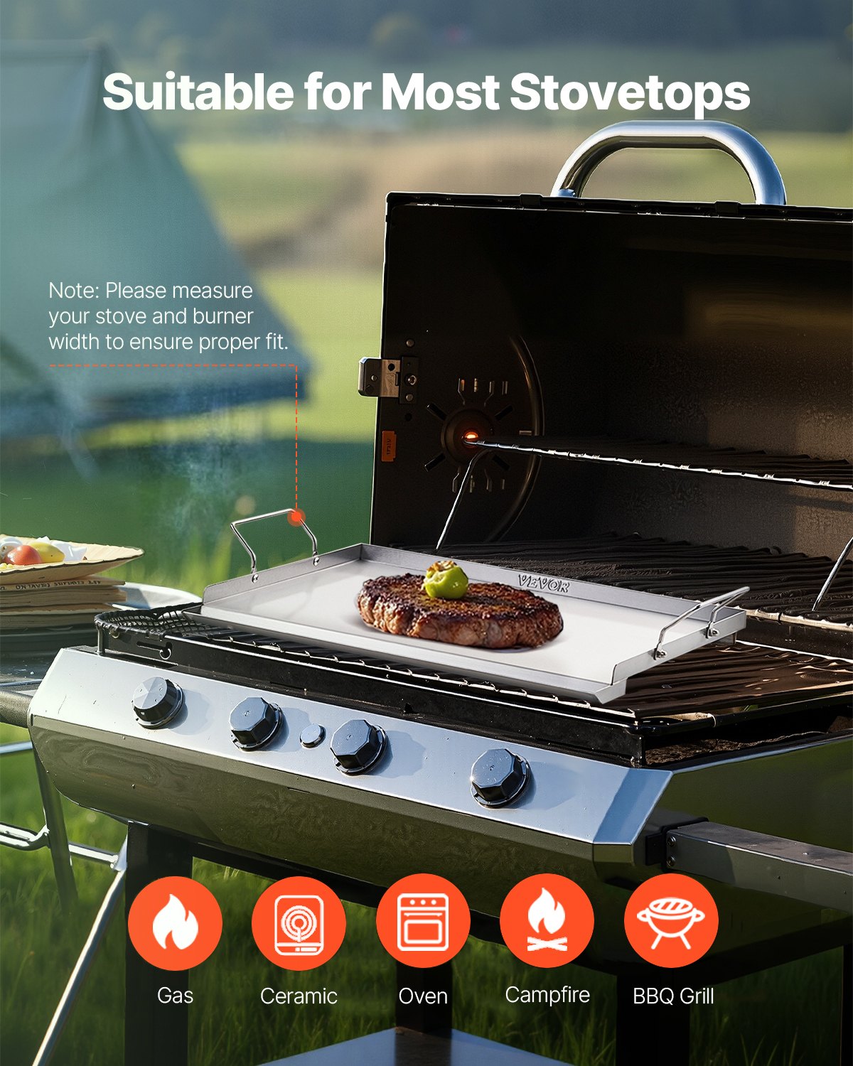 VEVOR Stainless Steel Griddle, 23x16 inch Universal Flat Top Rectangular Plate, Gas Grill Griddle for BBQ Grill, Teppanyaki, Portable Family Cookware with Handle, for Camping Tailgating Party