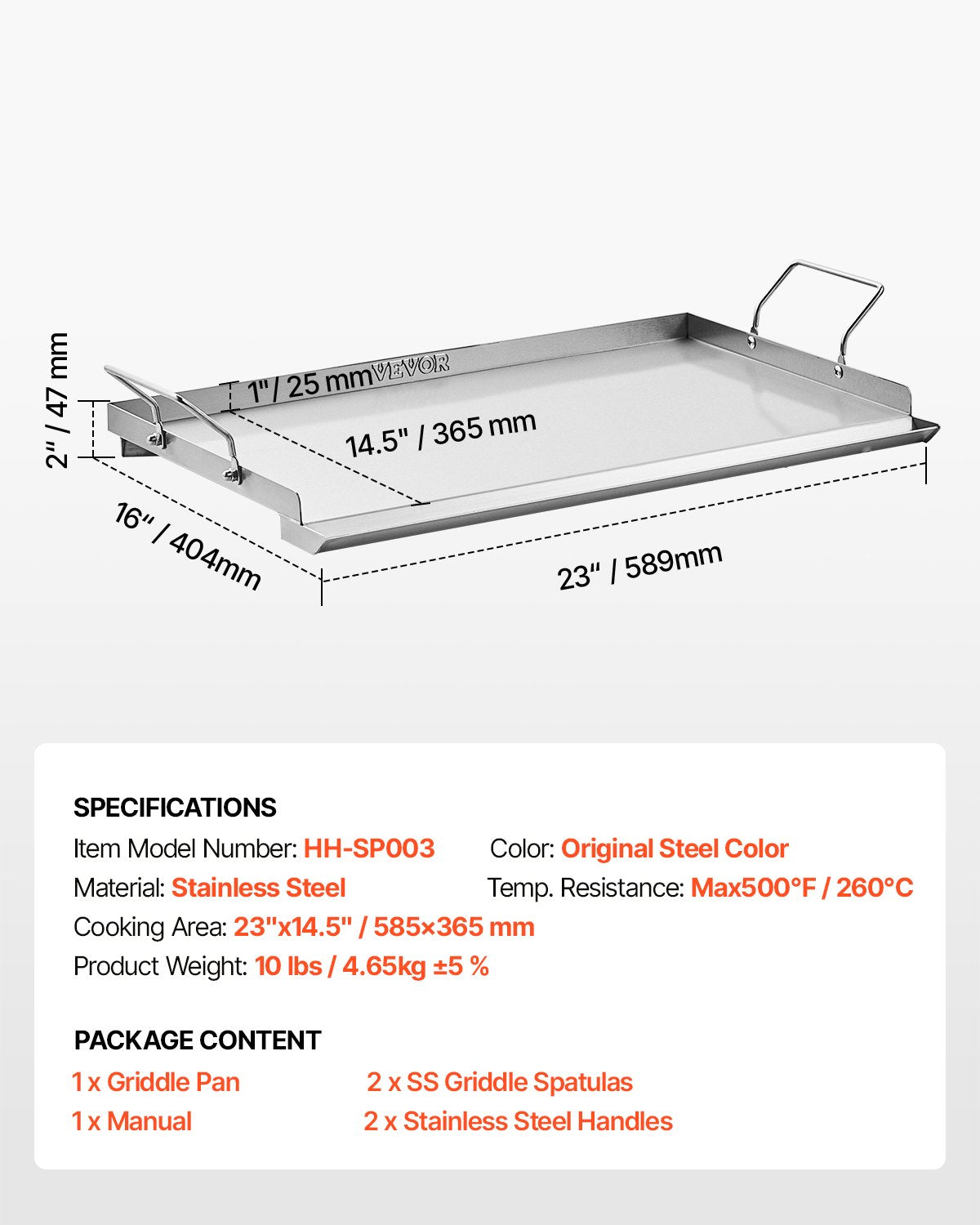 VEVOR Stainless Steel Griddle, 23x16 inch Universal Flat Top Rectangular Plate, Gas Grill Griddle for BBQ Grill, Teppanyaki, Portable Family Cookware with Handle, for Camping Tailgating Party