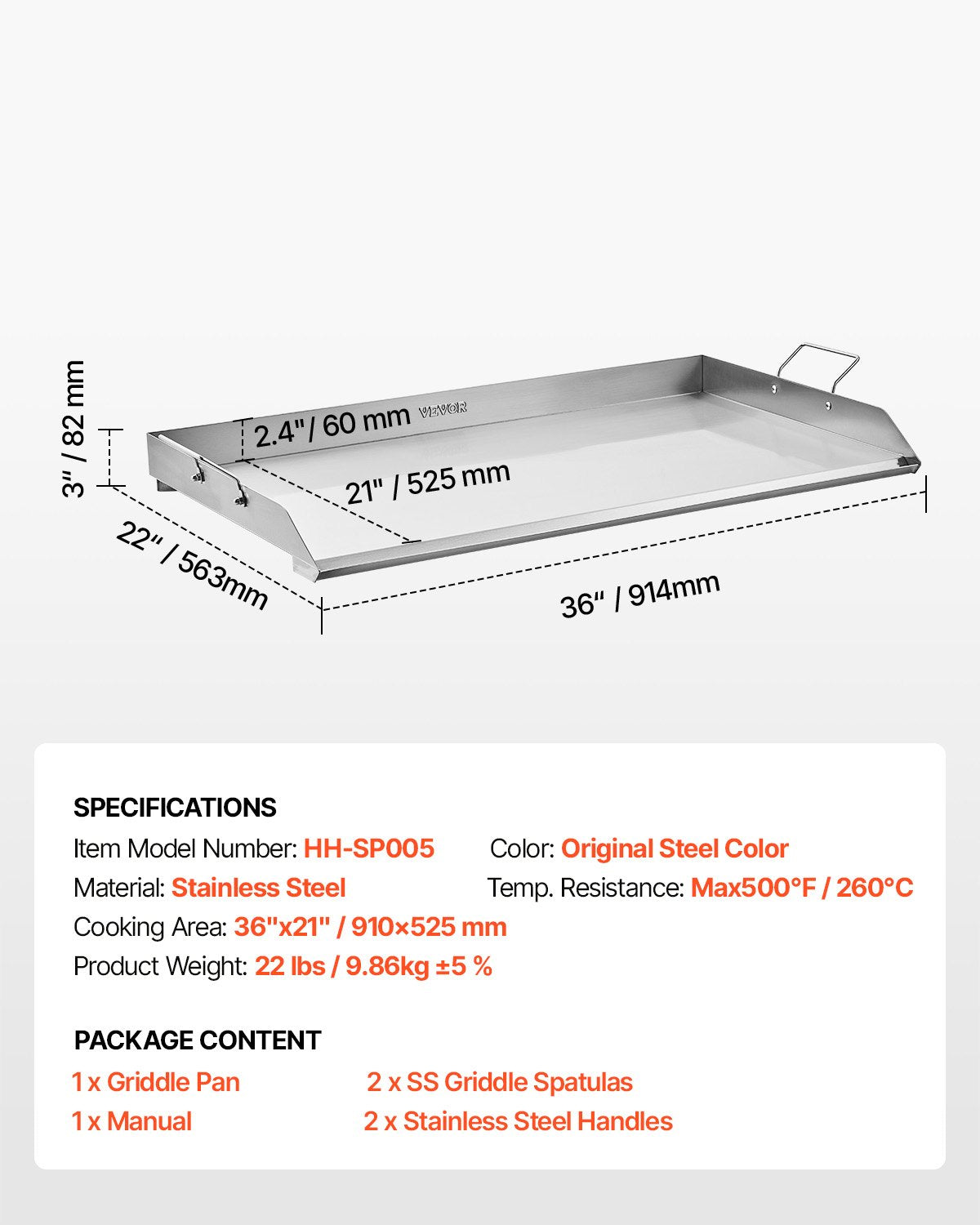 VEVOR 36x22 in Flat Top Griddle Stainless Steel Universal BBQ Grill Pan Cookware