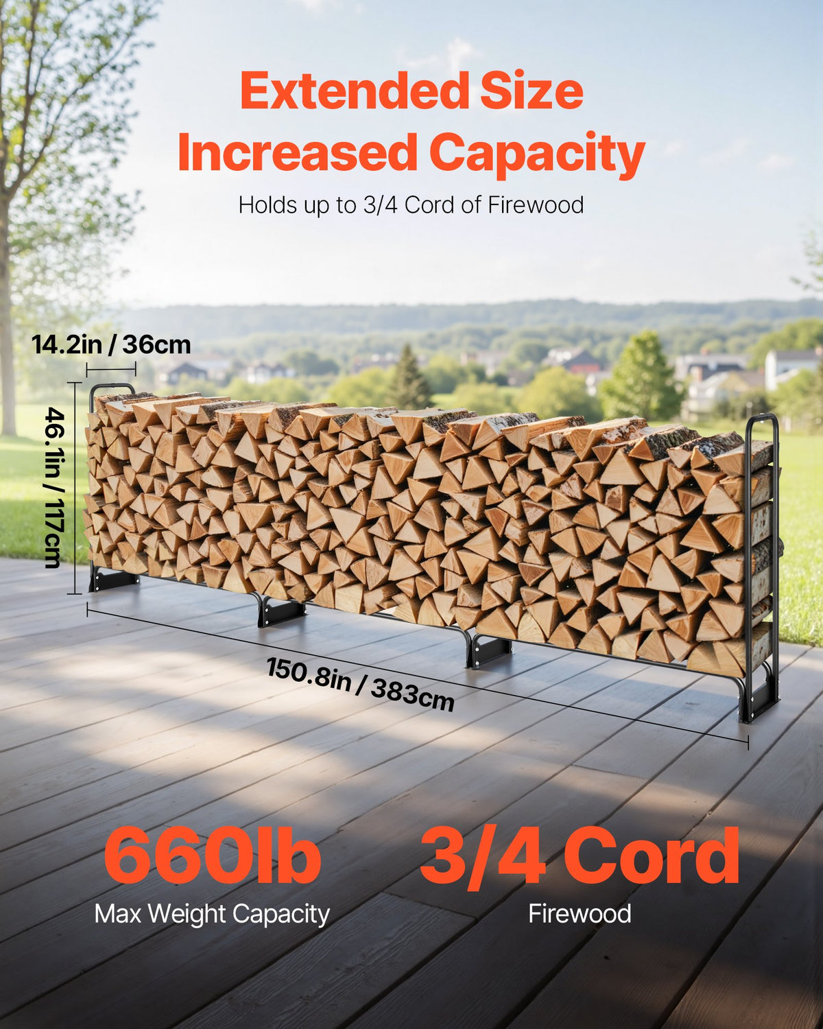 VEVOR Firewood Rack with Waterproof Cover, 383 x 36 x 117 cm Outdoor Firewood Holder, 660lb Weight Capacity, 1/2 Cord Log Holder, Half-Covered, Powder-coated Wood Storage Rack for Fireplace Deck